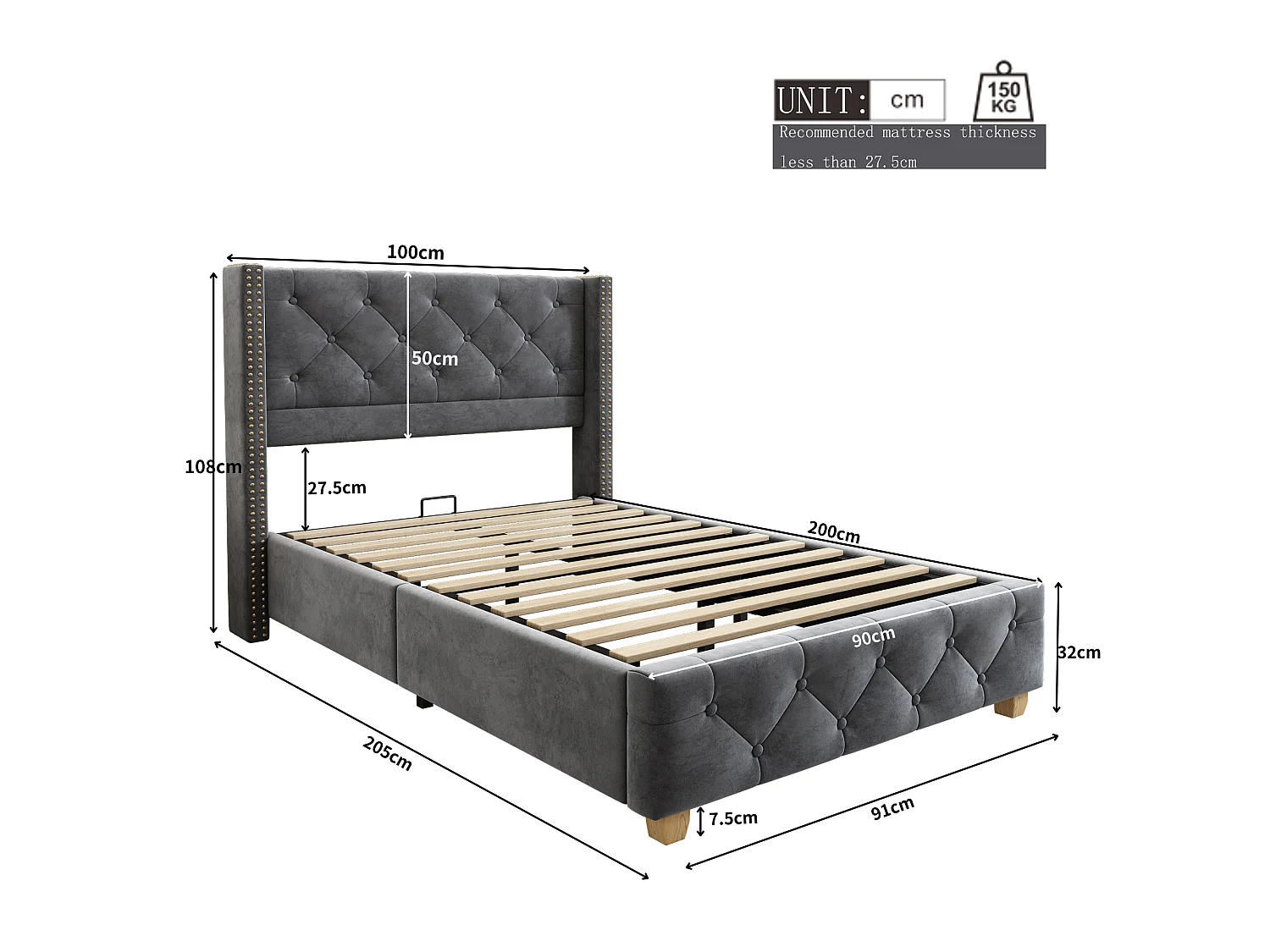 Lit 90x200 velours gris, tête capitonnée et cloutée, sommier lattes, pieds bois