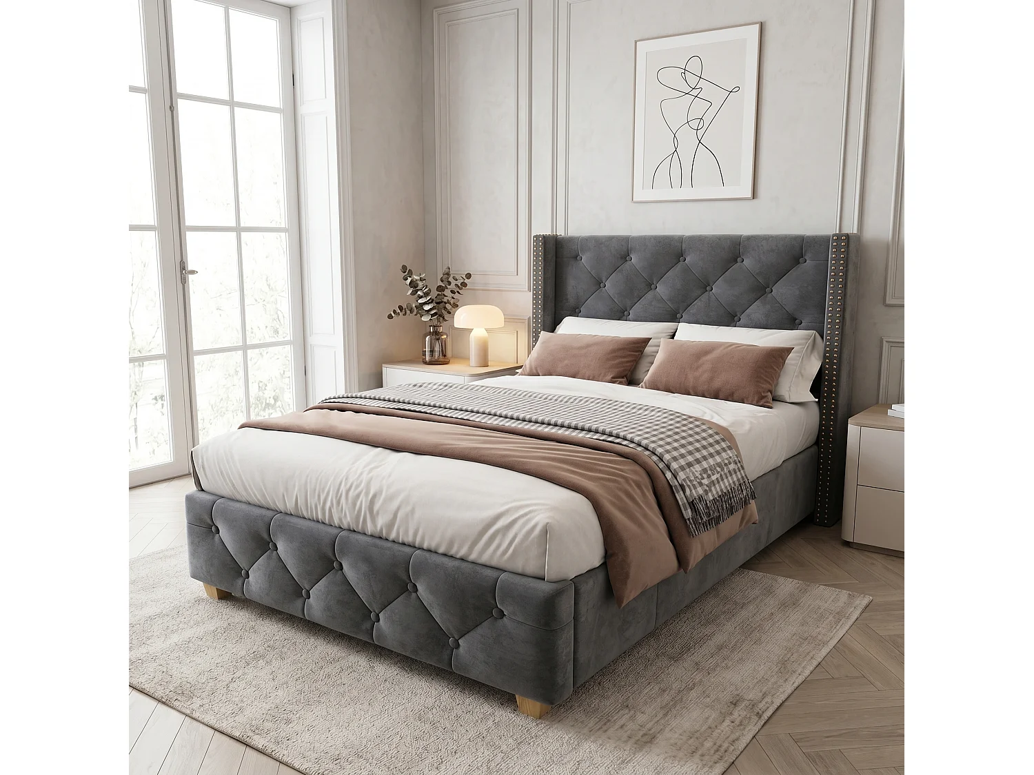 Lit 90x200 velours gris, tête capitonnée et cloutée, sommier lattes, pieds bois