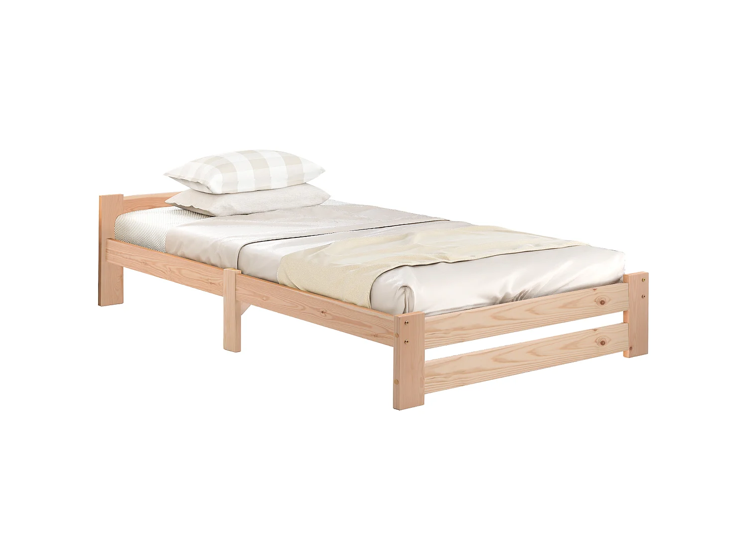 Lit futon en bois massif, lit en bois naturel avec tête de lit et sommier à lattes, naturel (200x90cm)