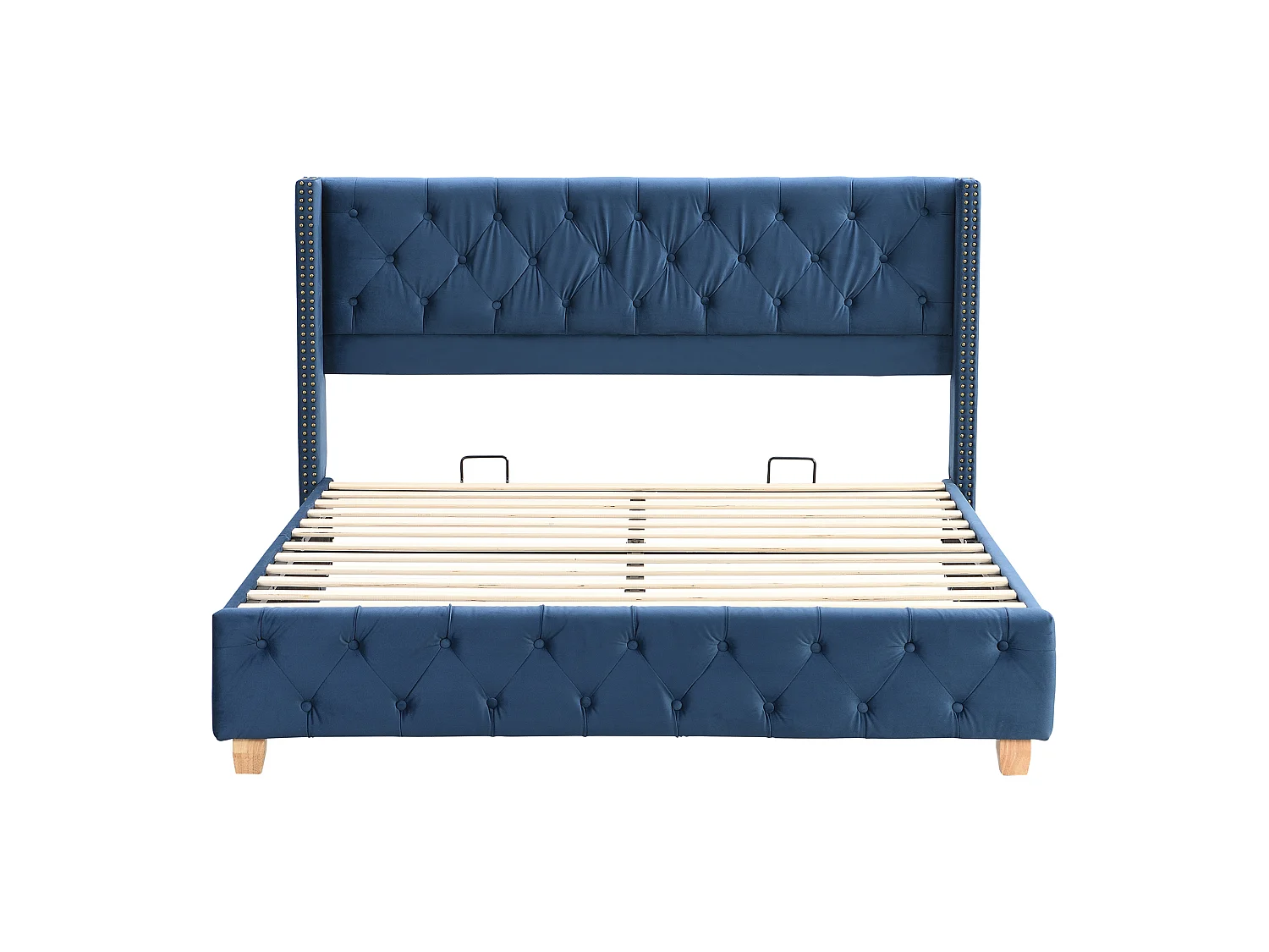 Lit 160x200 velours bleu, tête capitonnée et cloutée, sommier lattes, pieds bois