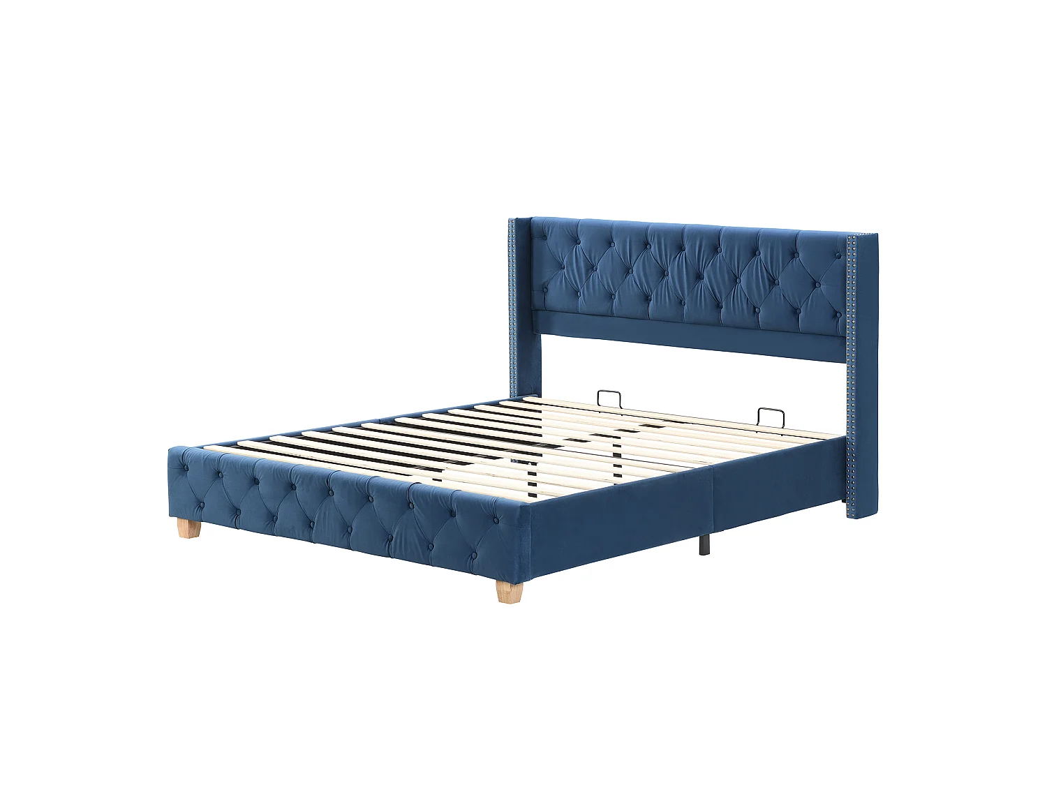 Lit 160x200 velours bleu, tête capitonnée et cloutée, sommier lattes, pieds bois