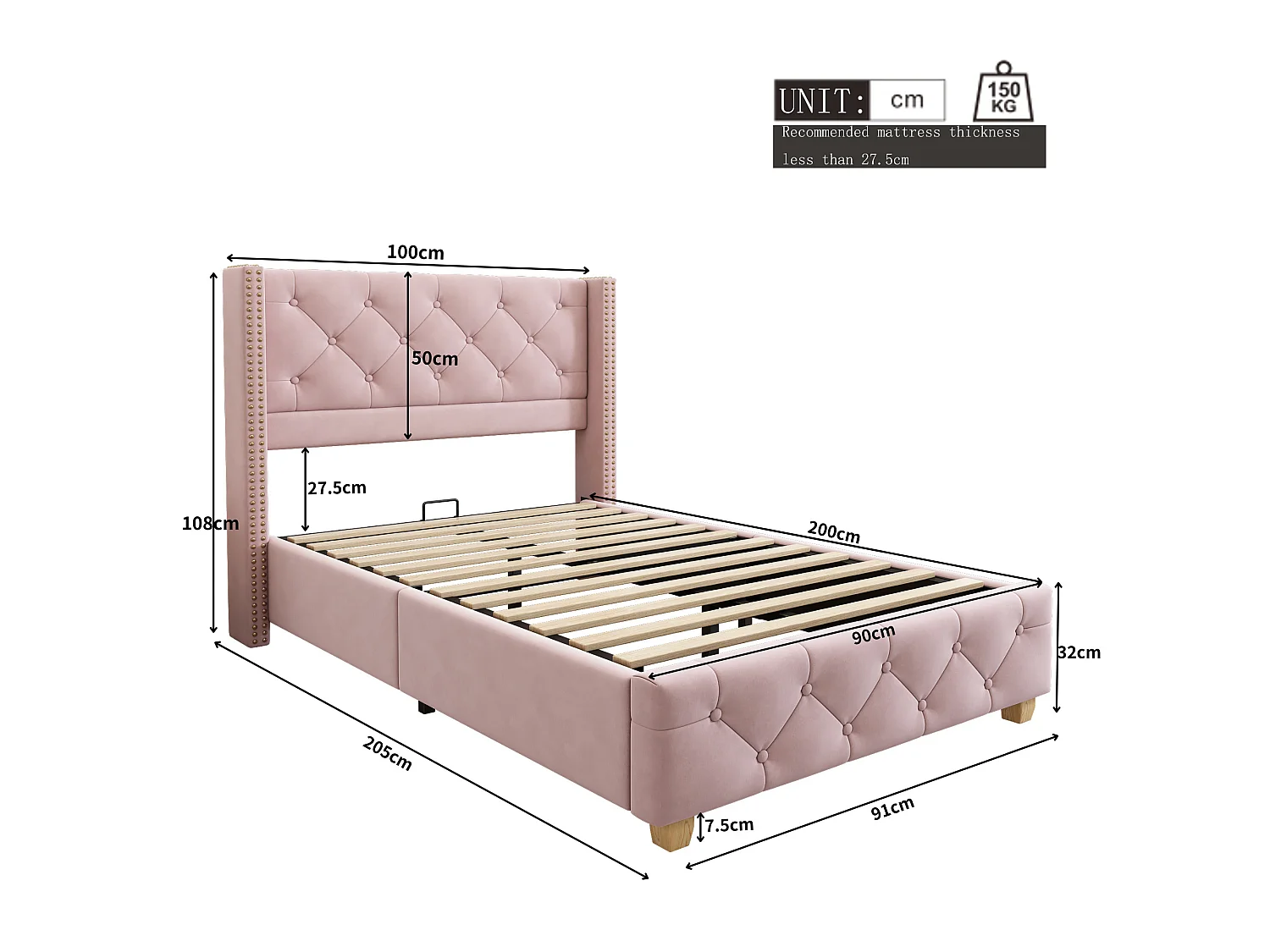 Lit 90x200 velours rose, tête capitonnée et cloutée, sommier lattes, pieds bois