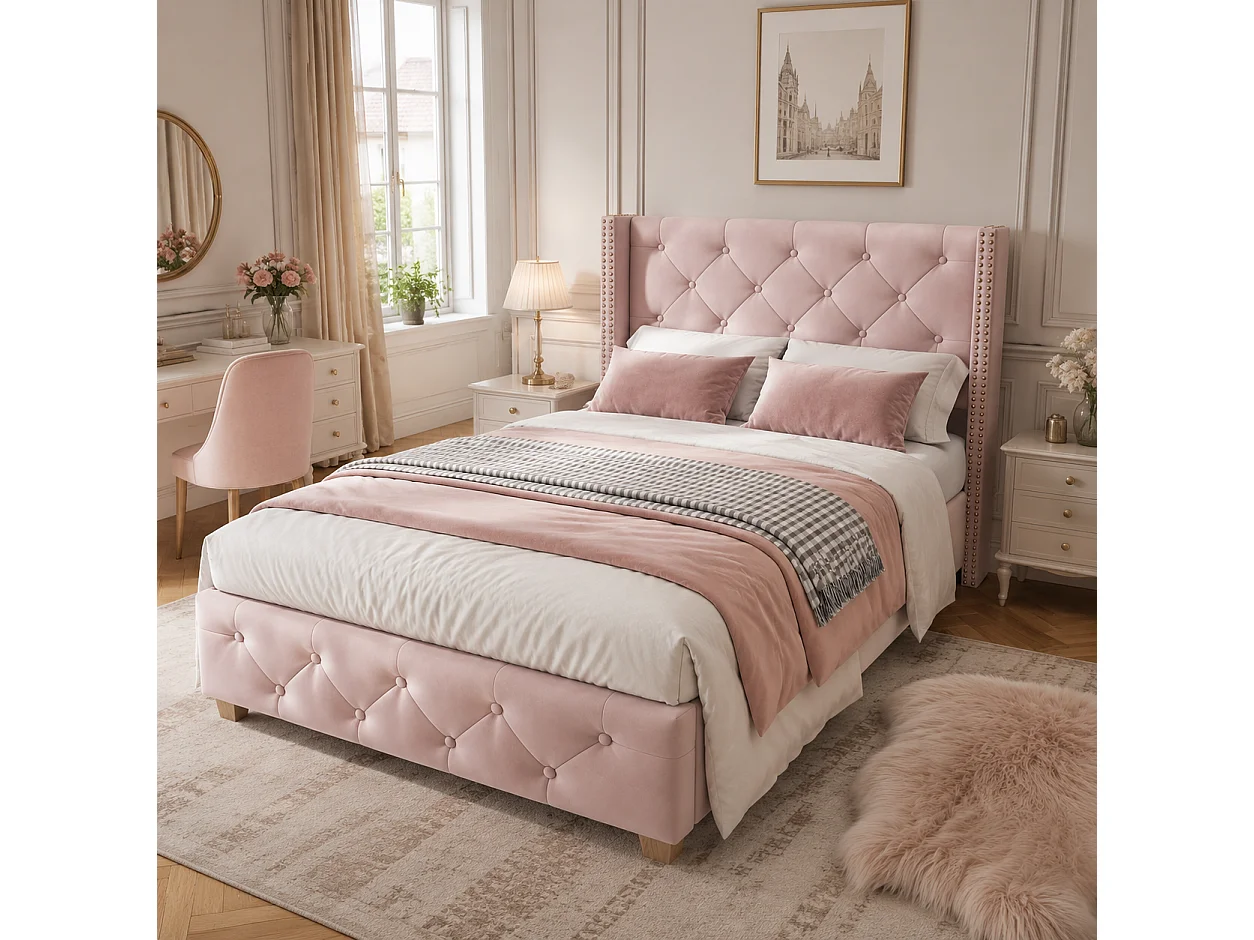 Lit 90x200 velours rose, tête capitonnée et cloutée, sommier lattes, pieds bois