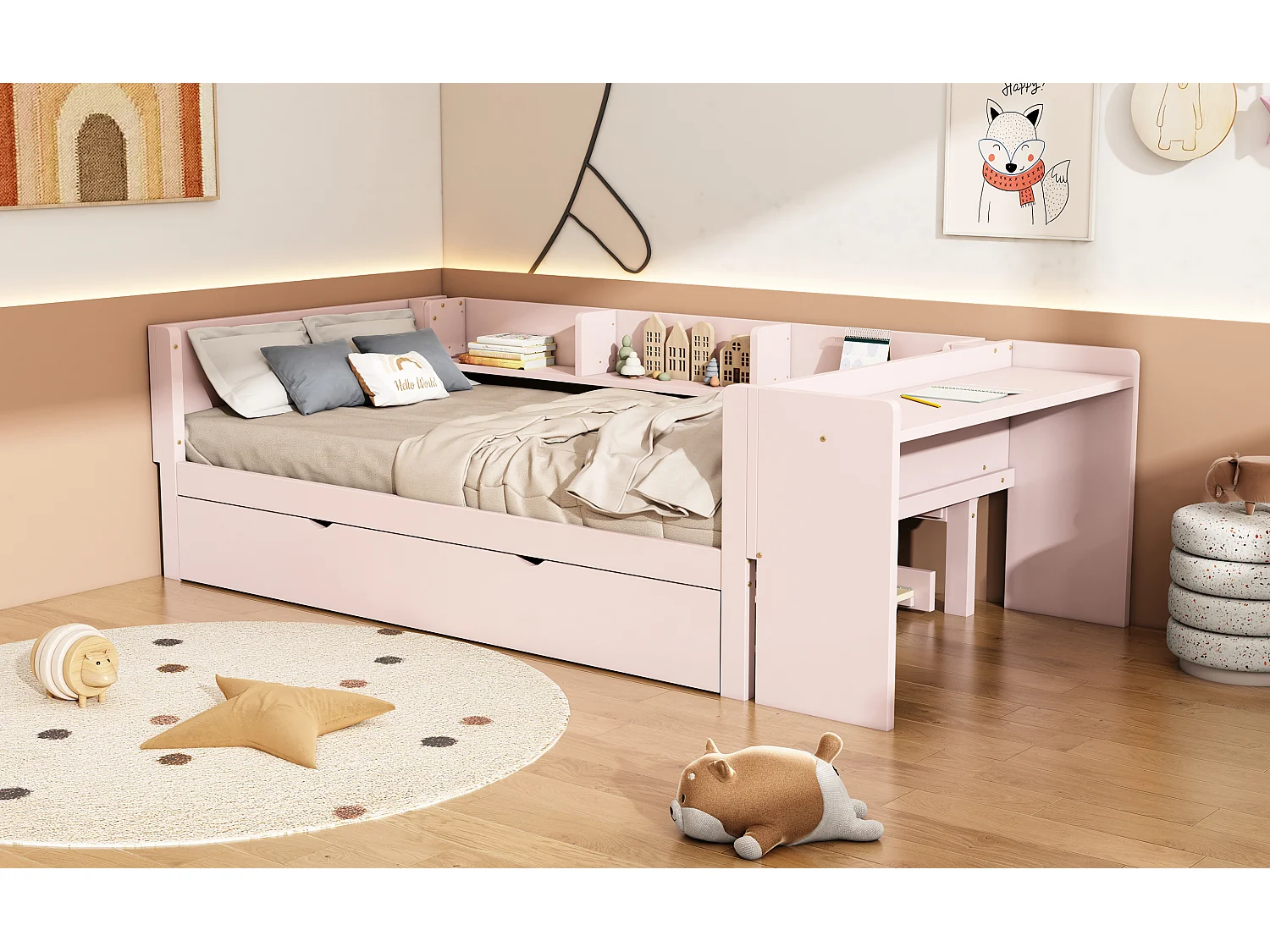 90 x 200 cm, lit simple, avec lit gigogne, avec bureau, trois étagères sur le côté du lit, rose