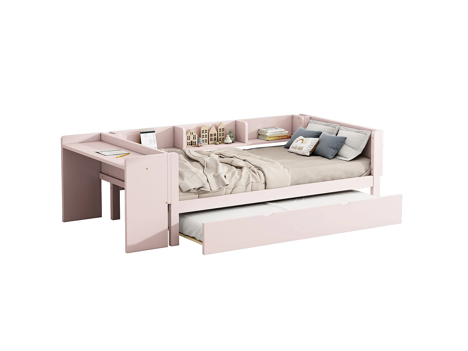 90 x 200 cm, lit simple, avec lit gigogne, avec bureau, trois étagères sur le côté du lit, rose