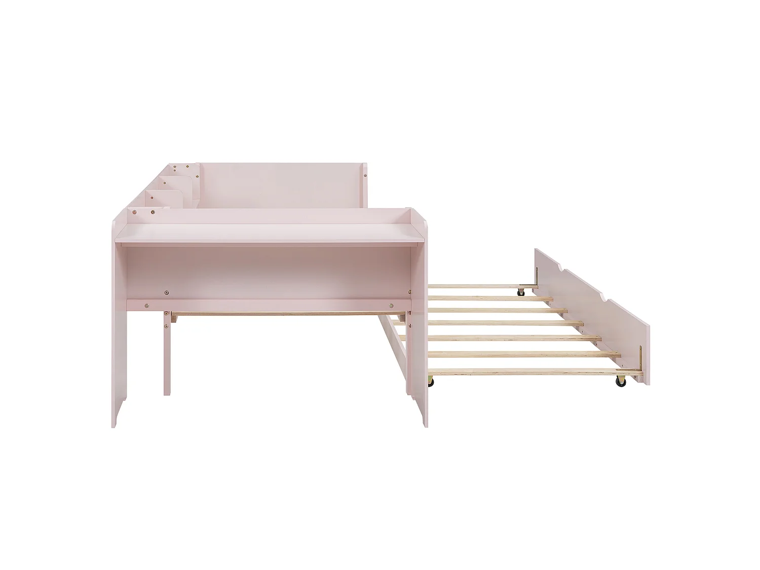 90 x 200 cm, lit simple, avec lit gigogne, avec bureau, trois étagères sur le côté du lit, rose