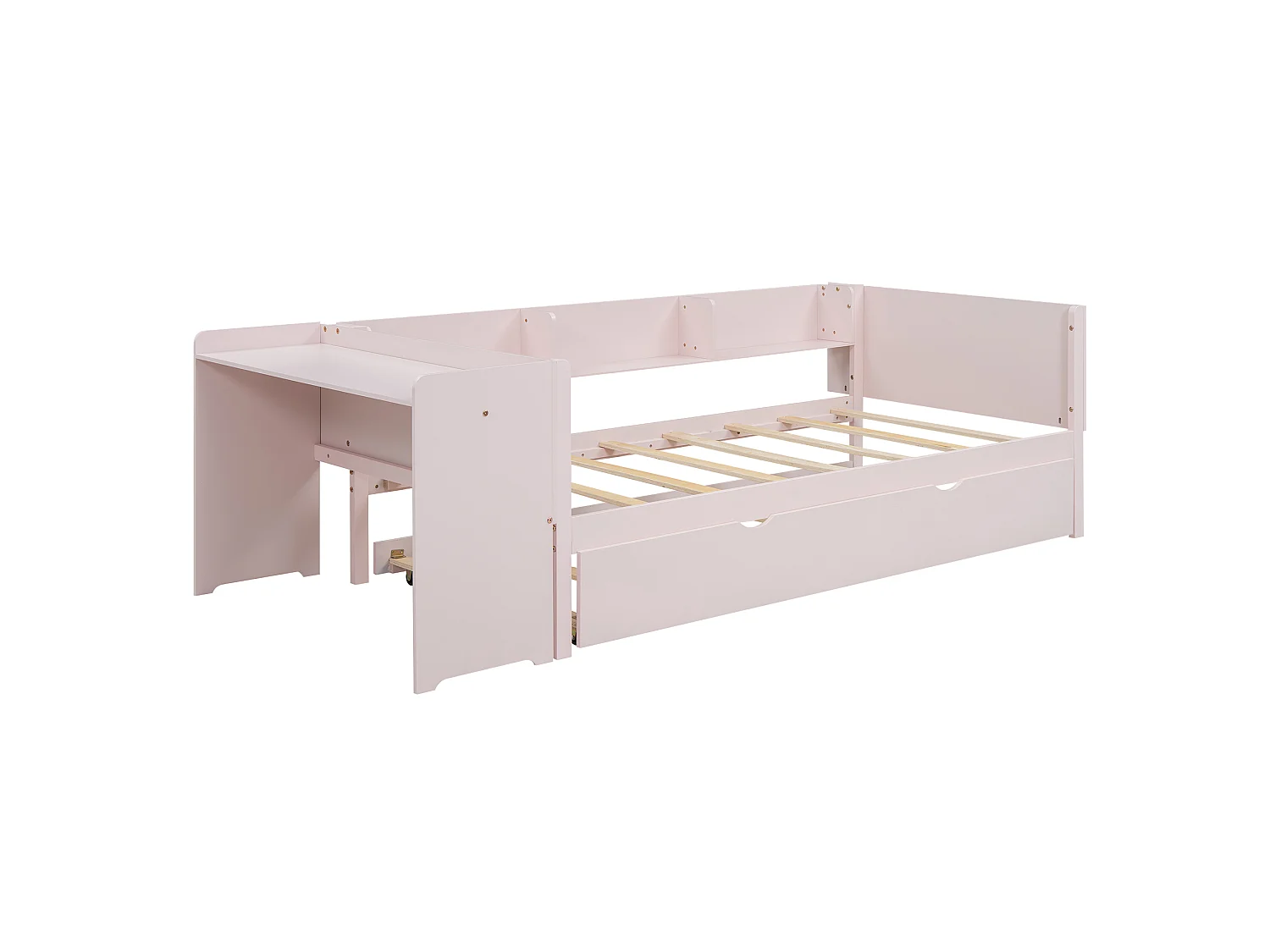 90 x 200 cm, lit simple, avec lit gigogne, avec bureau, trois étagères sur le côté du lit, rose
