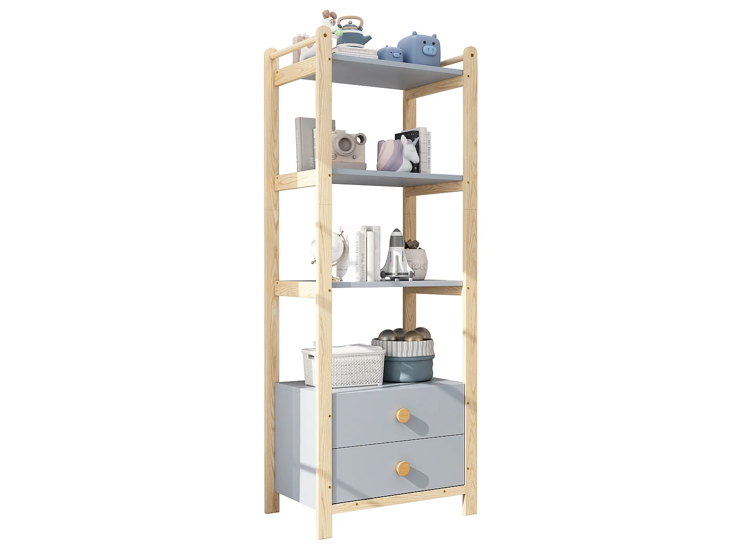 Colonne de rangement bleu et bois, 2 tiroirs, 4 niveaux, étagère haute 180 cm, salon/bureau