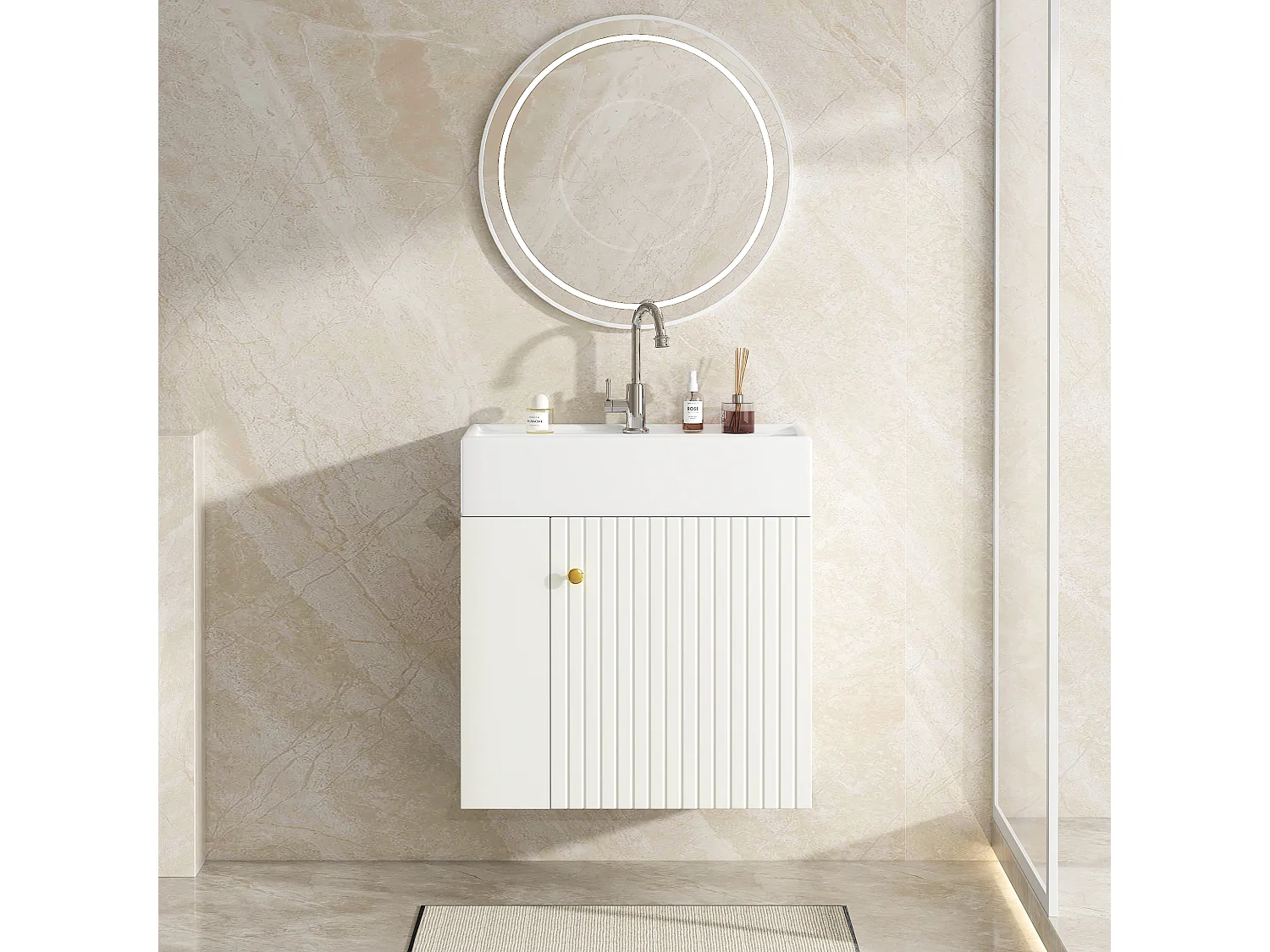 Meuble vasque blanc mural 55 cm, lavabo intégré, design moderne, gain de place pour salle de bain