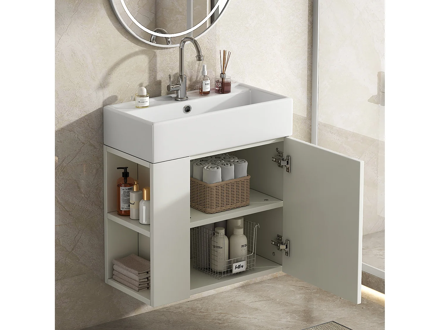 Meuble vasque blanc mural 55 cm, lavabo intégré, design moderne, gain de place pour salle de bain
