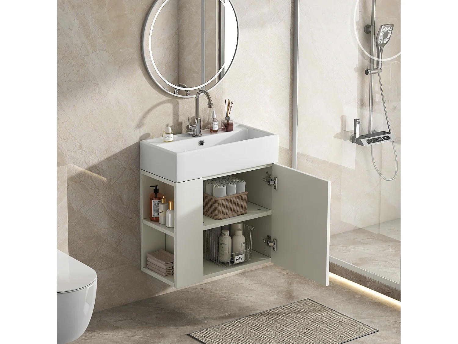 Meuble vasque blanc mural 55 cm, lavabo intégré, design moderne, gain de place pour salle de bain