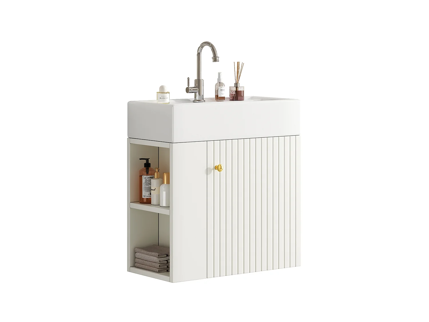 Meuble vasque blanc mural 55 cm, lavabo intégré, design moderne, gain de place pour salle de bain