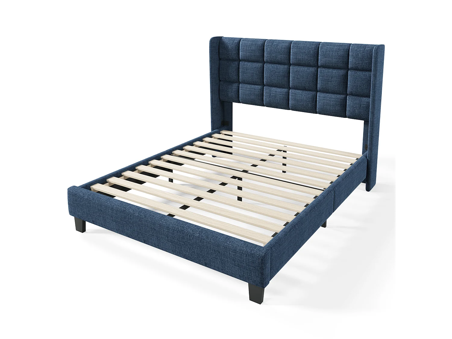 Lit double 140x200 lin bleu, tête capitonnée, sommier lattes, lit adulte