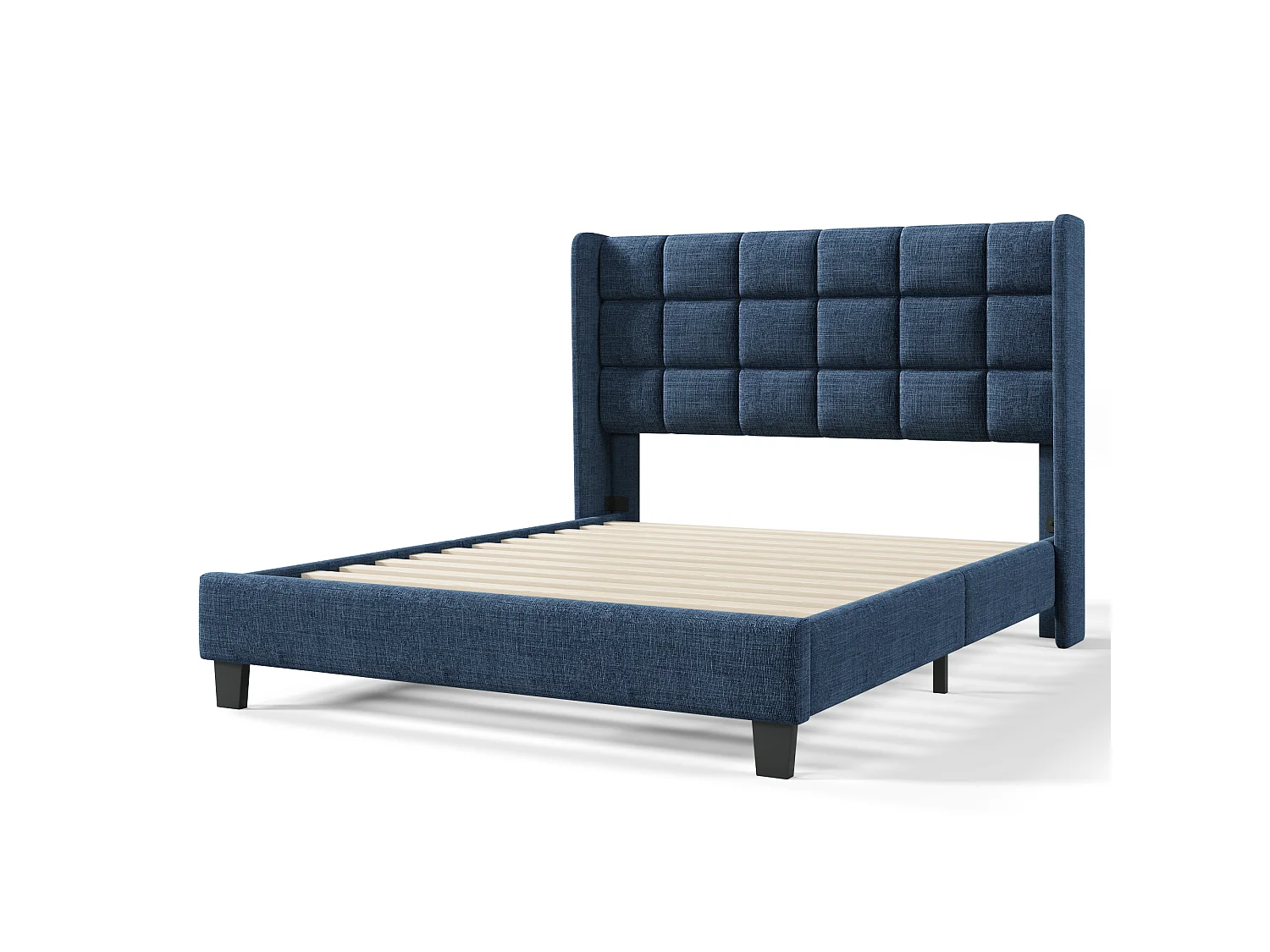 Lit double 140x200 lin bleu, tête capitonnée, sommier lattes, lit adulte