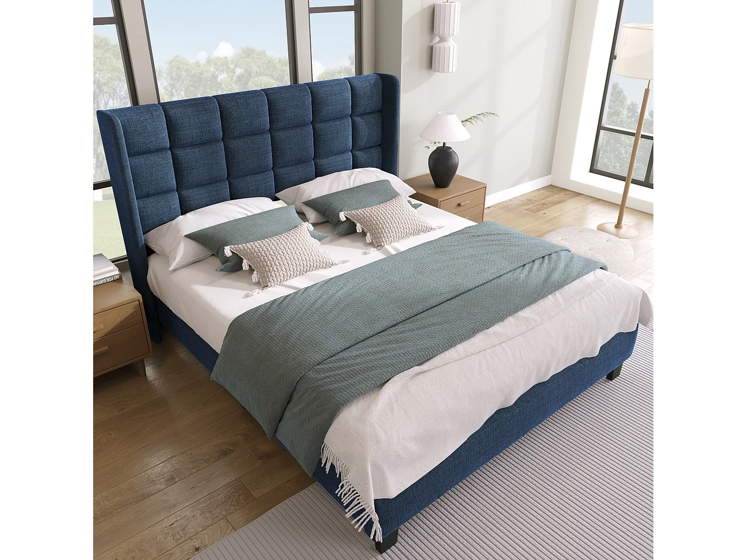 Lit double 140x200 lin bleu, tête capitonnée, sommier lattes, lit adulte