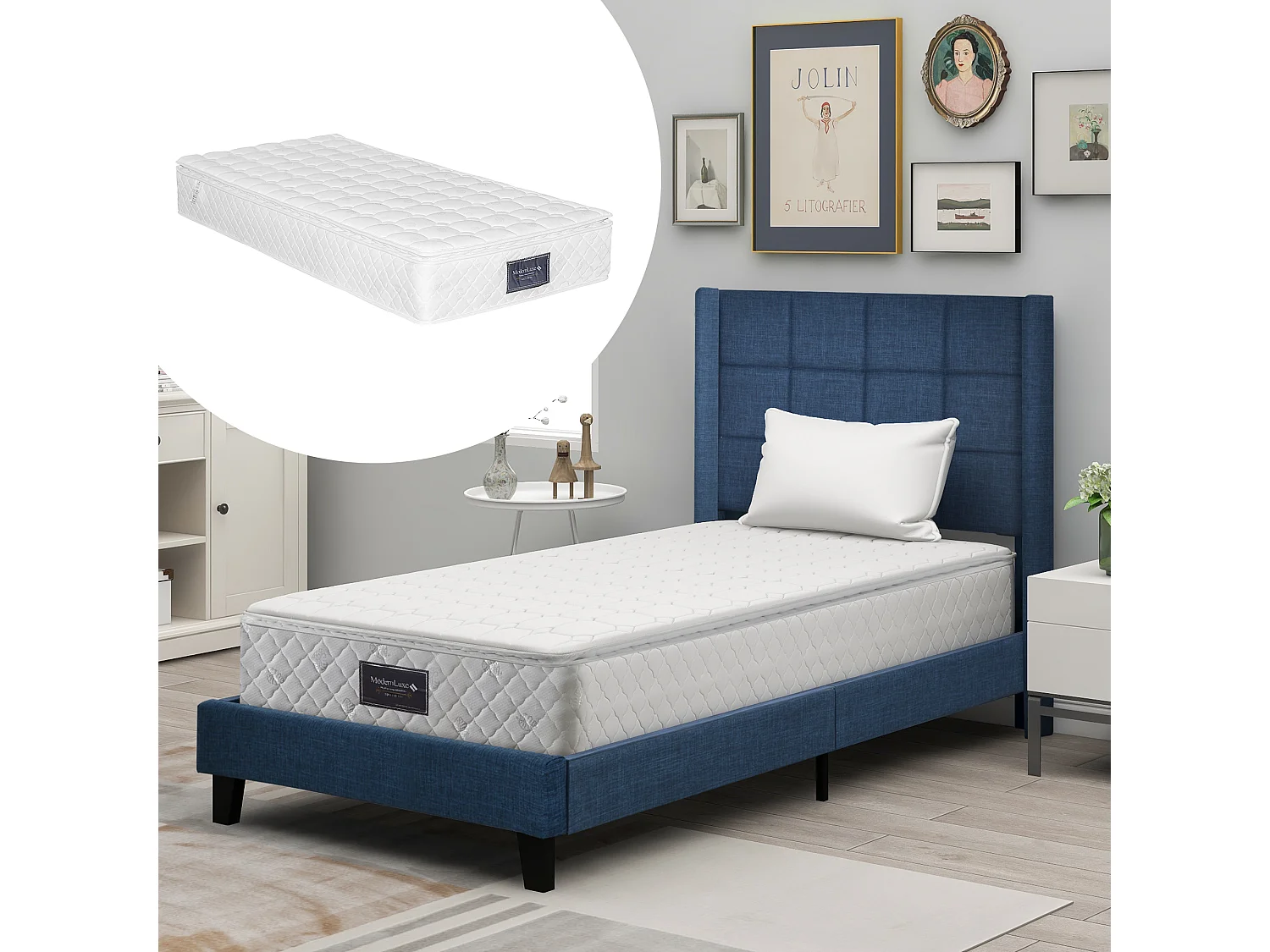Lit complet 90x200 lin bleu, capitonné, sommier lattes, matelas ressorts inclus, une place