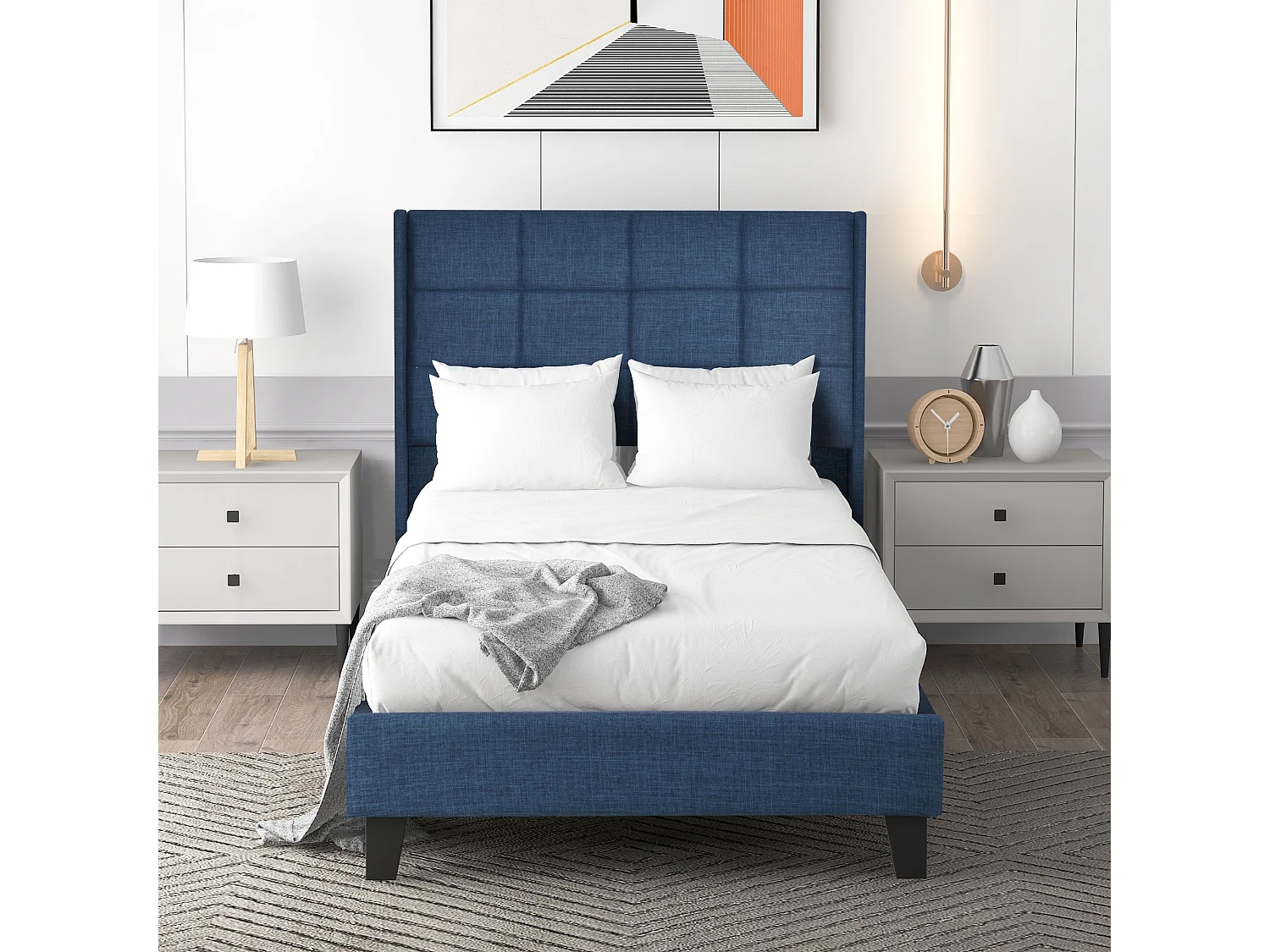 Lit complet 90x200 lin bleu, capitonné, sommier lattes, matelas ressorts inclus, une place