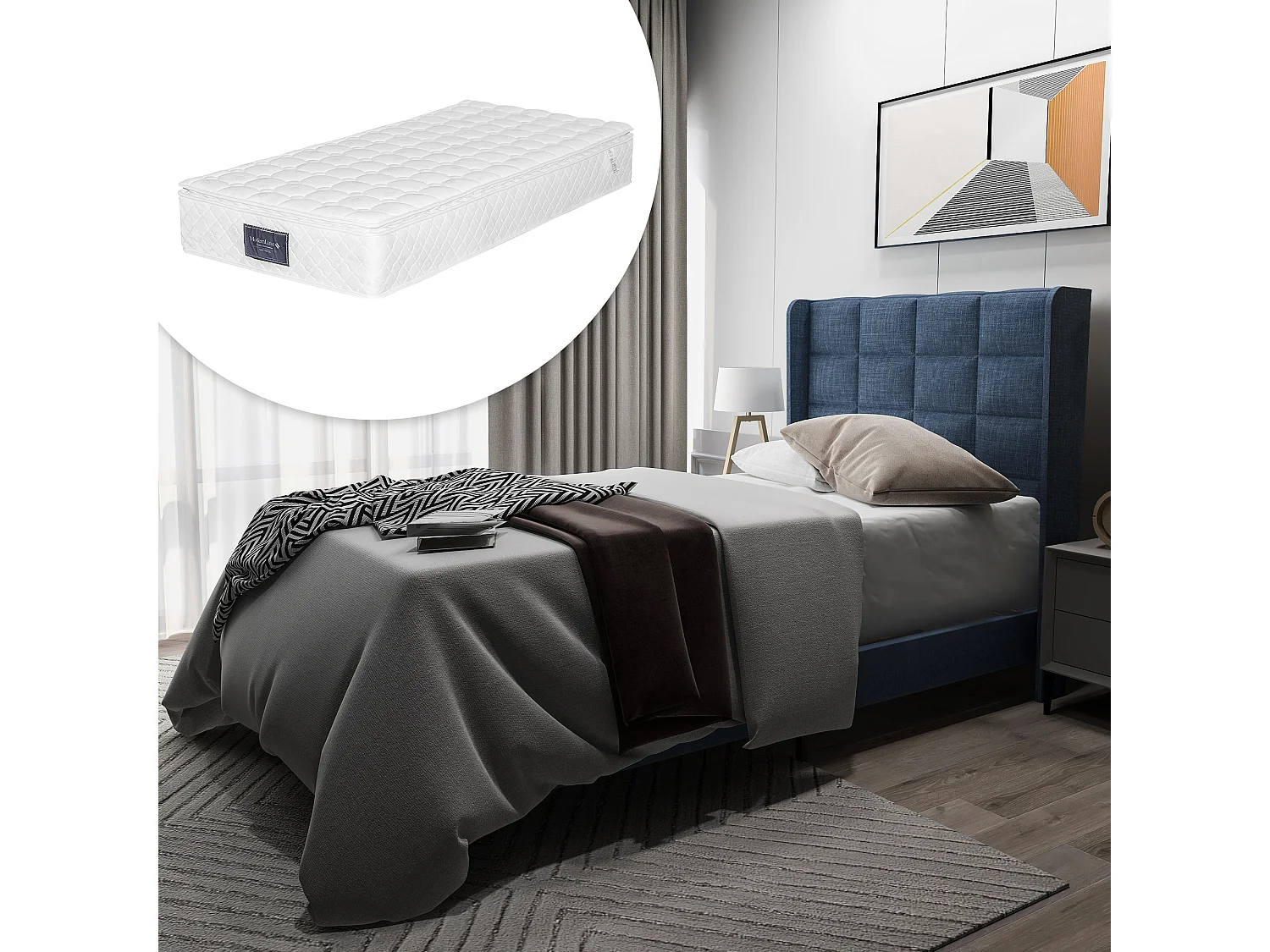 Lit complet 90x200 lin bleu, capitonné, sommier lattes, matelas ressorts inclus, une place