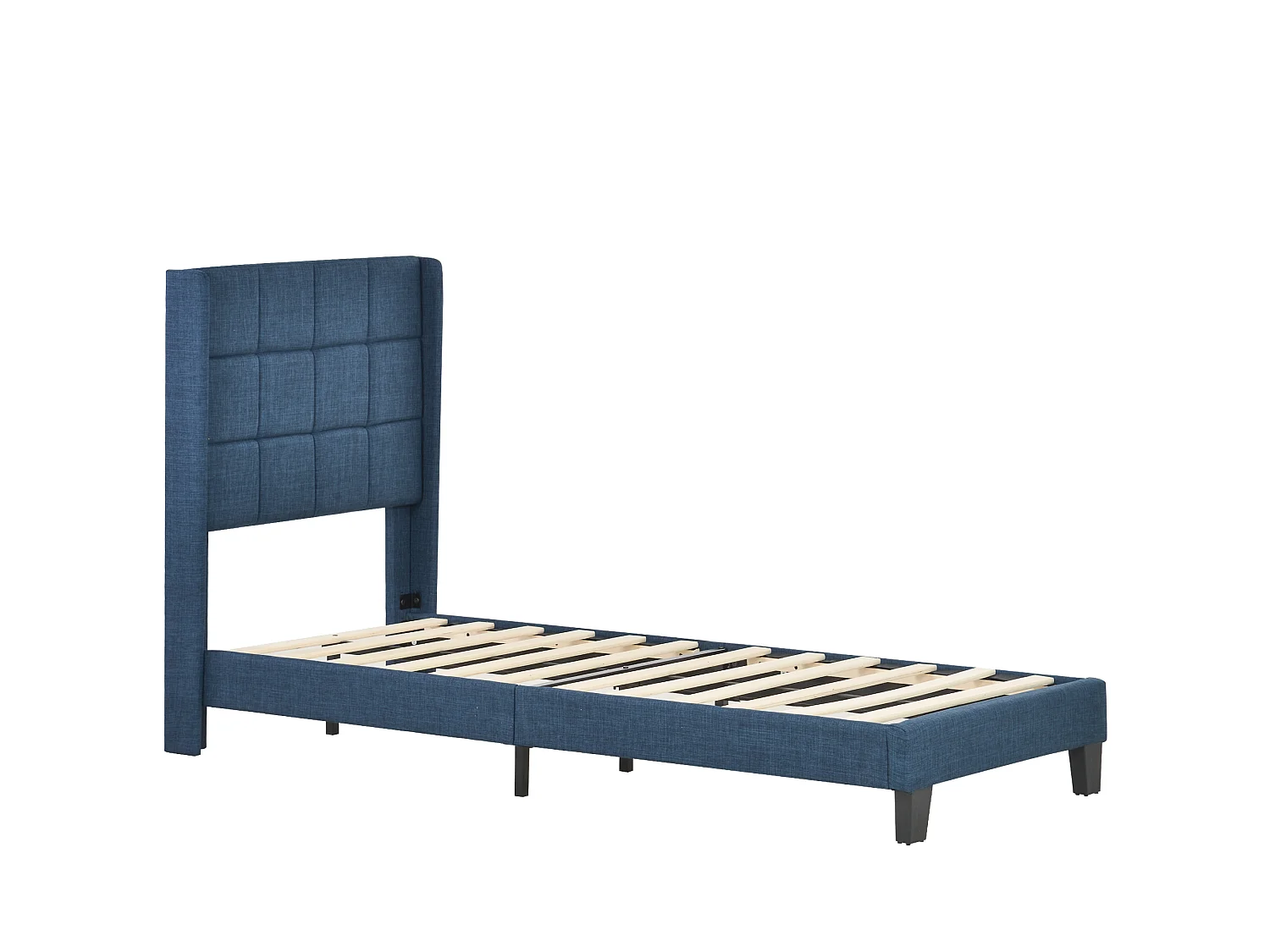 Lit complet 90x200 lin bleu, capitonné, sommier lattes, matelas ressorts inclus, une place