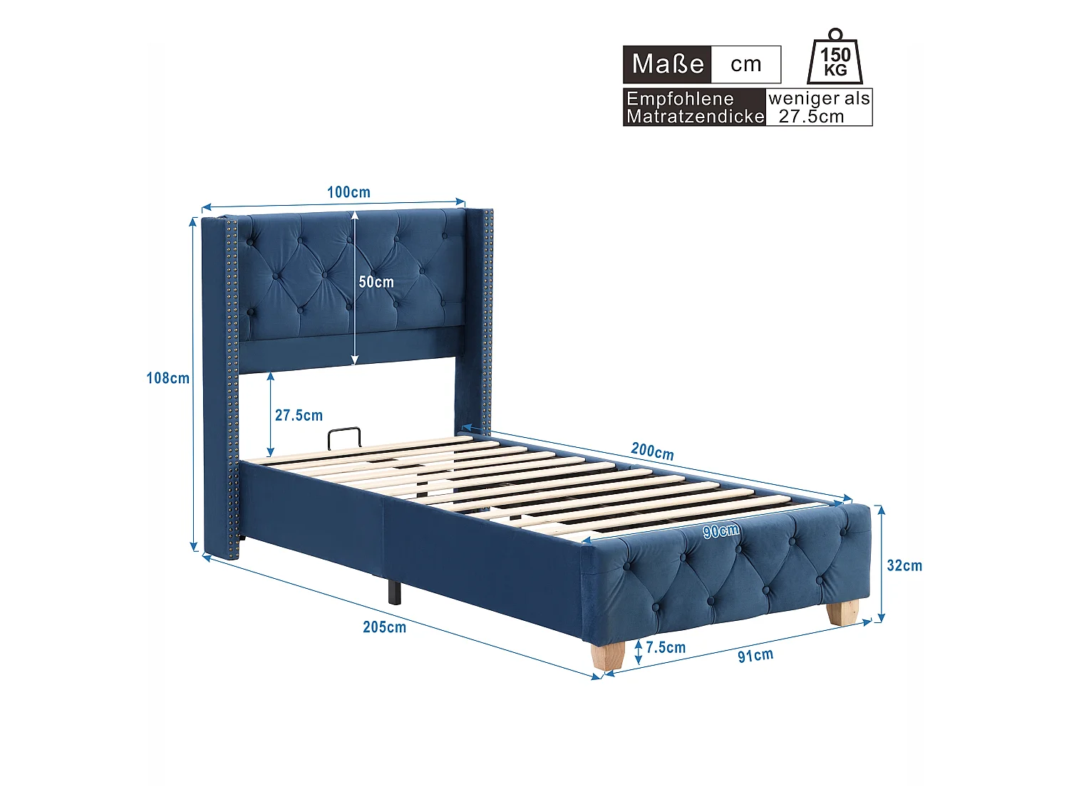 Lit 90x200 velours bleu, tête capitonnée et cloutée, sommier lattes, pieds bois