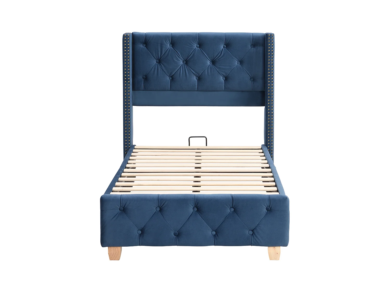 Lit 90x200 velours bleu, tête capitonnée et cloutée, sommier lattes, pieds bois
