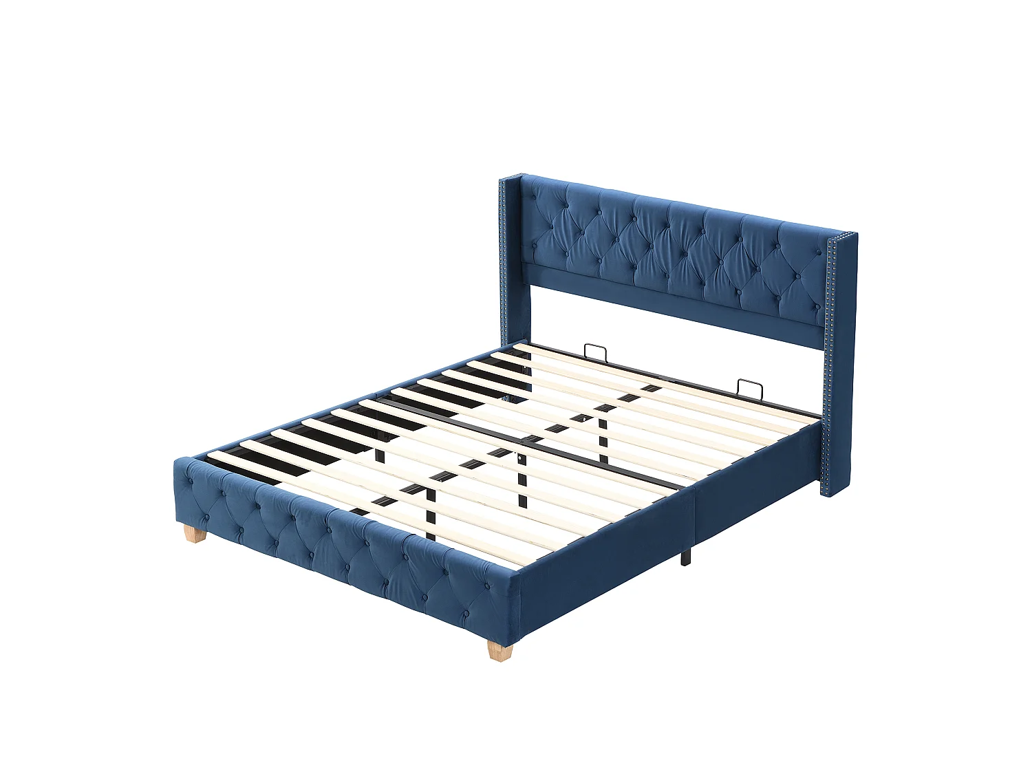 Lit 90x200 velours bleu, tête capitonnée et cloutée, sommier lattes, pieds bois