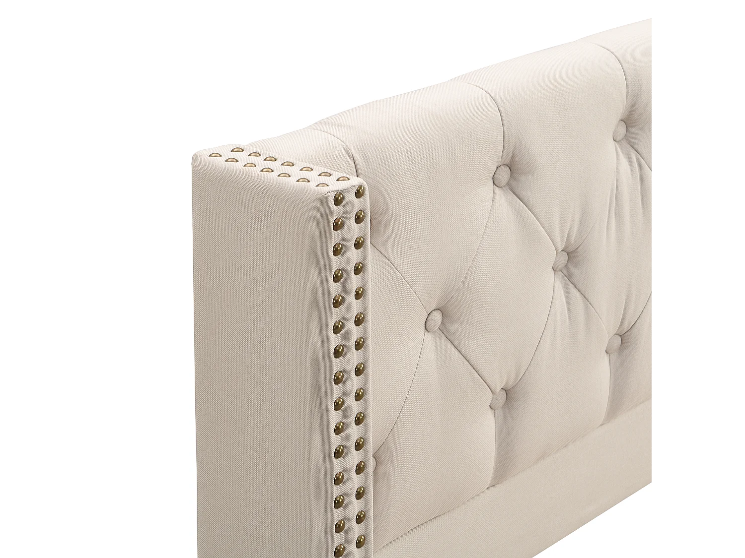 Lit 160x200 velours beige, tête de lit capitonnée et cloutée, sommier lattes, pieds bois