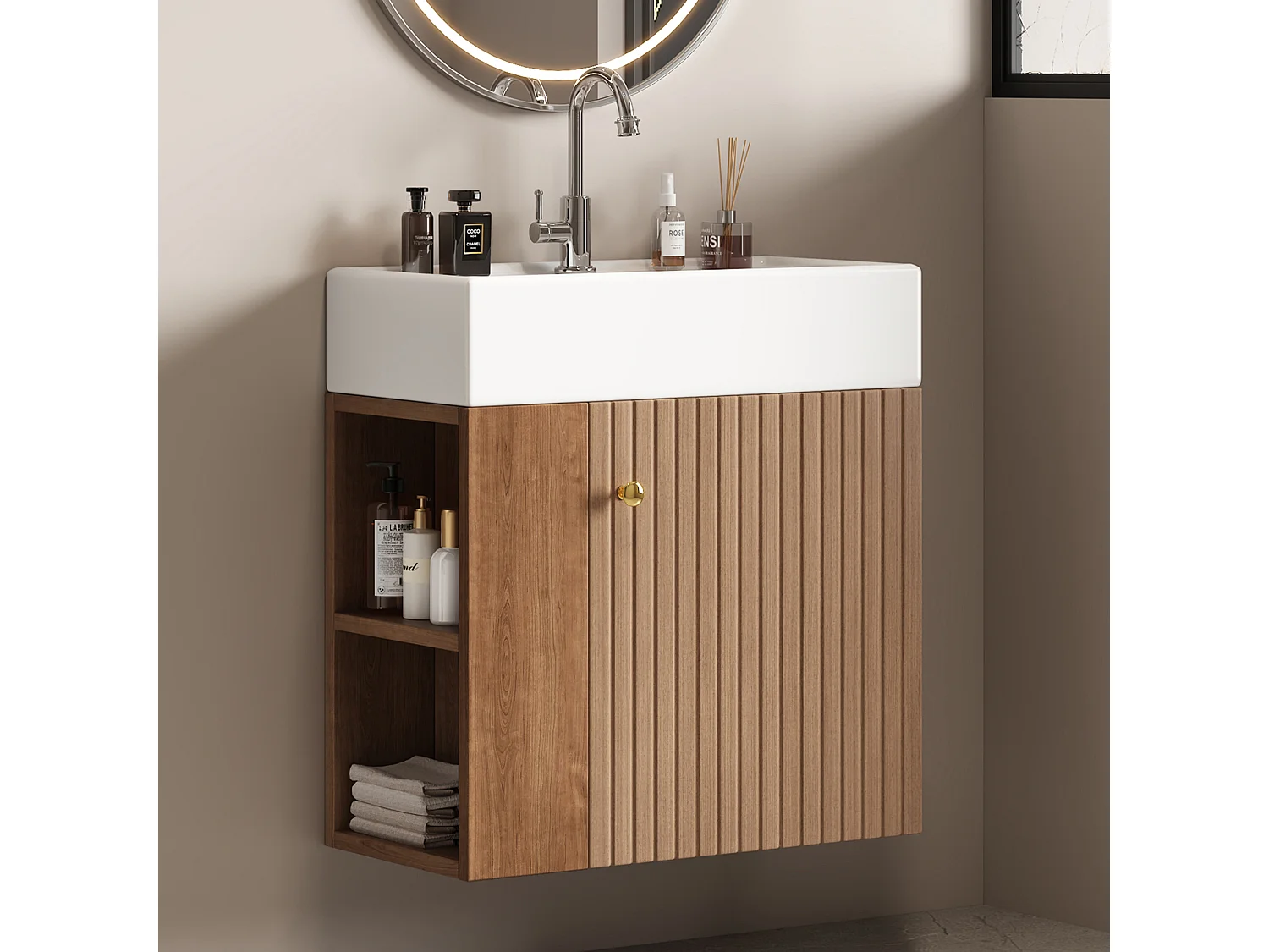 Meuble sous-vasque blanc mural rainuré, poignée invisible, design moderne, 55 cm pour SDB