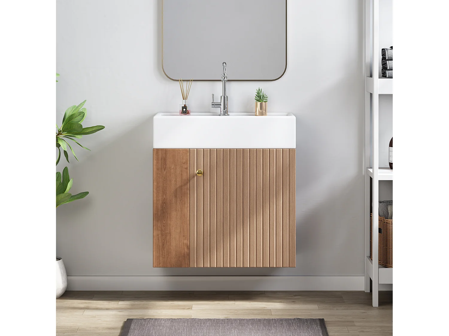 Meuble sous-vasque blanc mural rainuré, poignée invisible, design moderne, 55 cm pour SDB