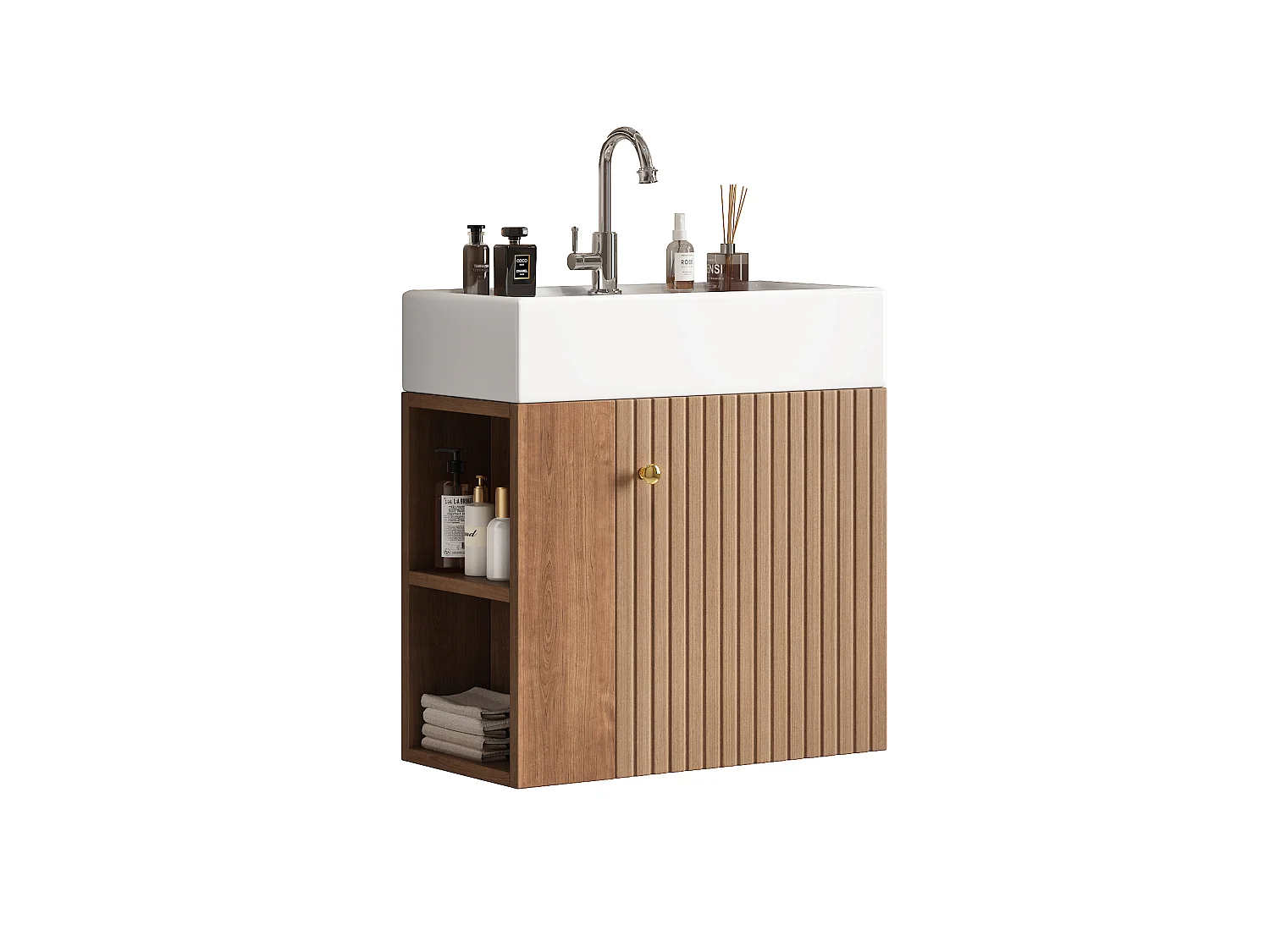 Meuble sous-vasque blanc mural rainuré, poignée invisible, design moderne, 55 cm pour SDB