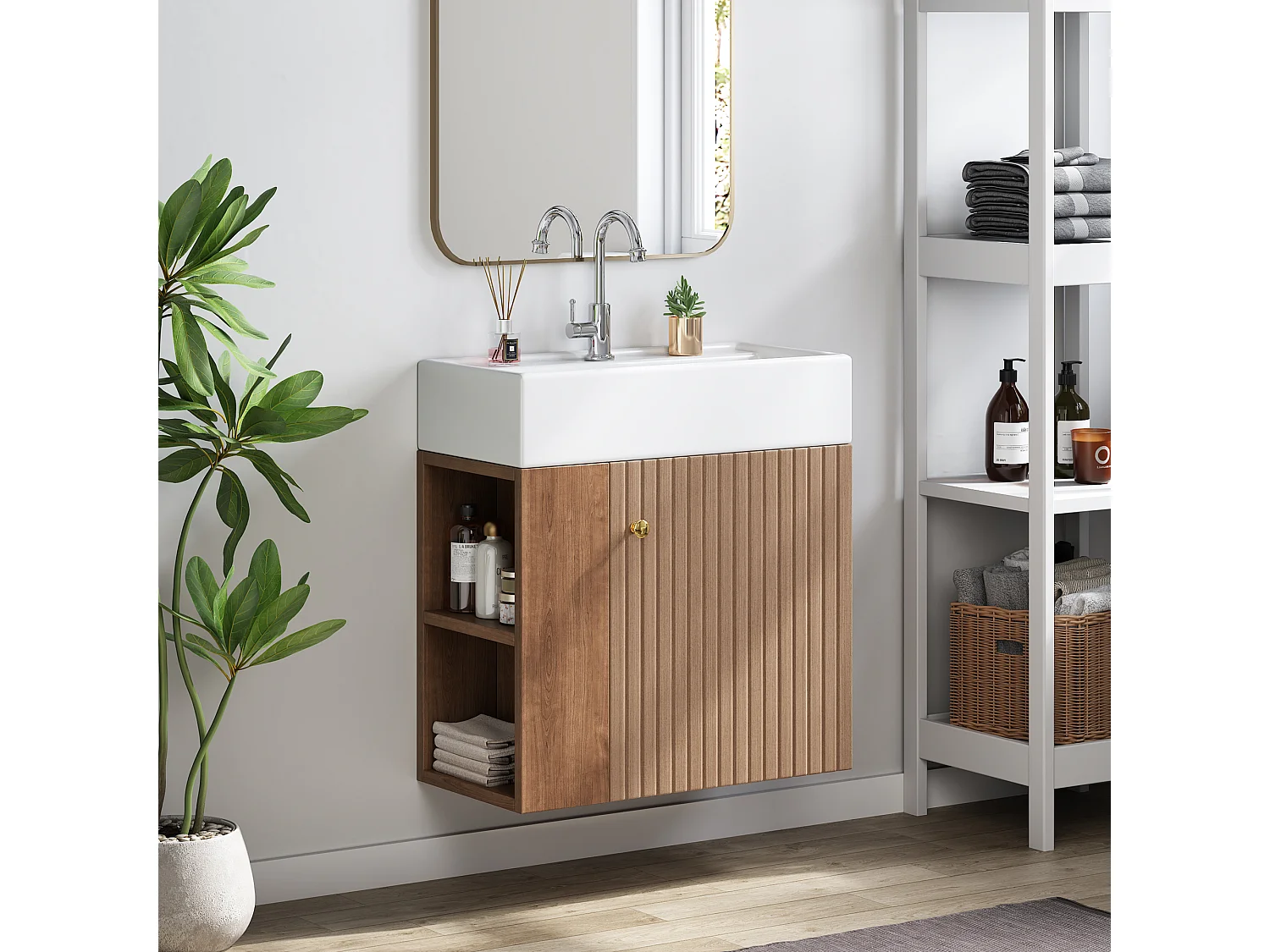 Meuble sous-vasque blanc mural rainuré, poignée invisible, design moderne, 55 cm pour SDB
