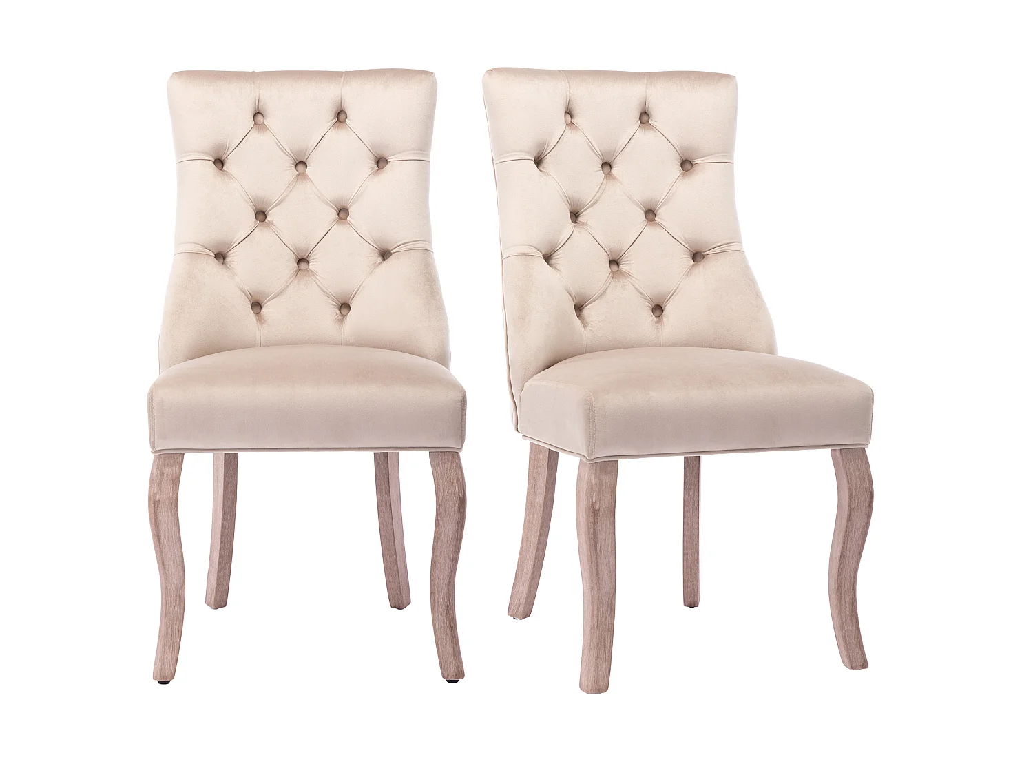 Lot de 2 chaises velours beige, dossier haut capitonné, pieds bois massif, salle à manger