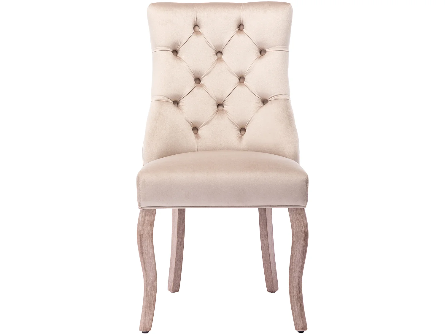 Lot de 2 chaises velours beige, dossier haut capitonné, pieds bois massif, salle à manger