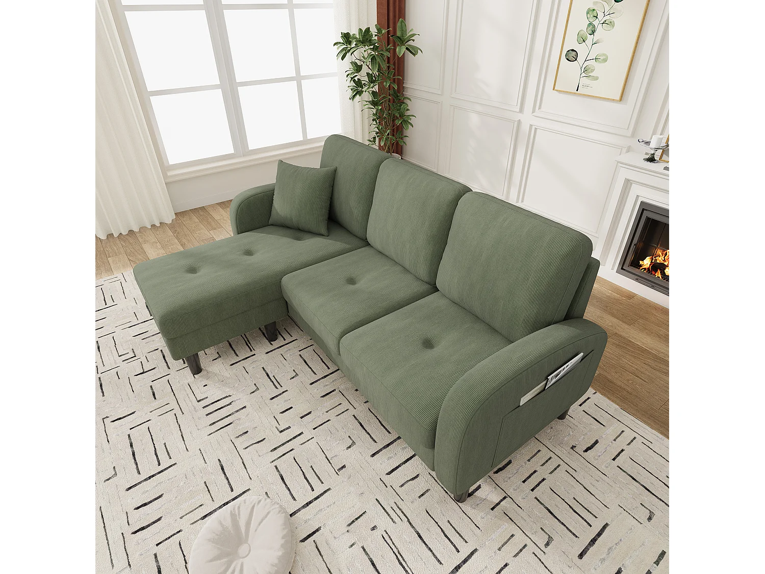 Canapé d'angle L 3 places, tissu coton et lin, méridienne, design scandinave, salon