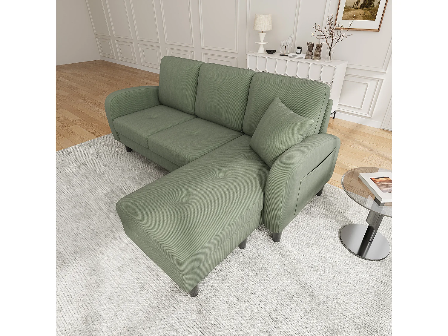 Canapé d'angle L 3 places, tissu coton et lin, méridienne, design scandinave, salon