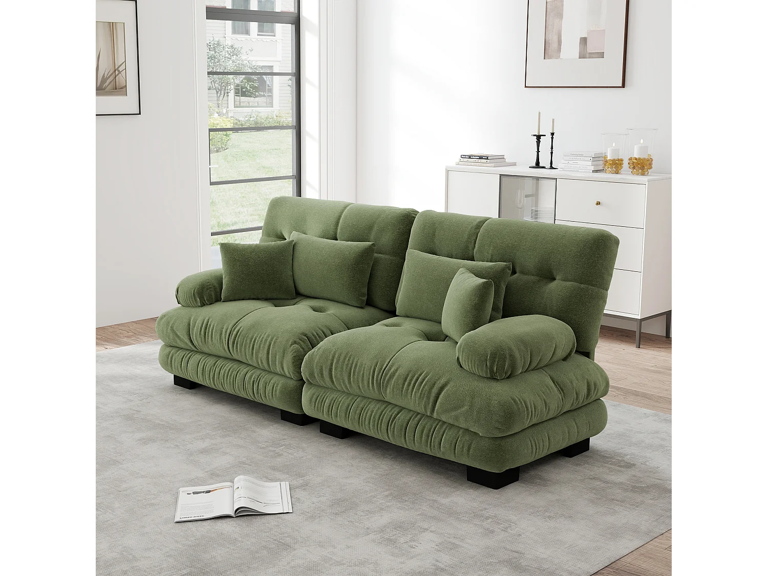 Canapé relaxation cloud vert, tissu chenille, 4 coussins inclus, assise moelleuse, salon