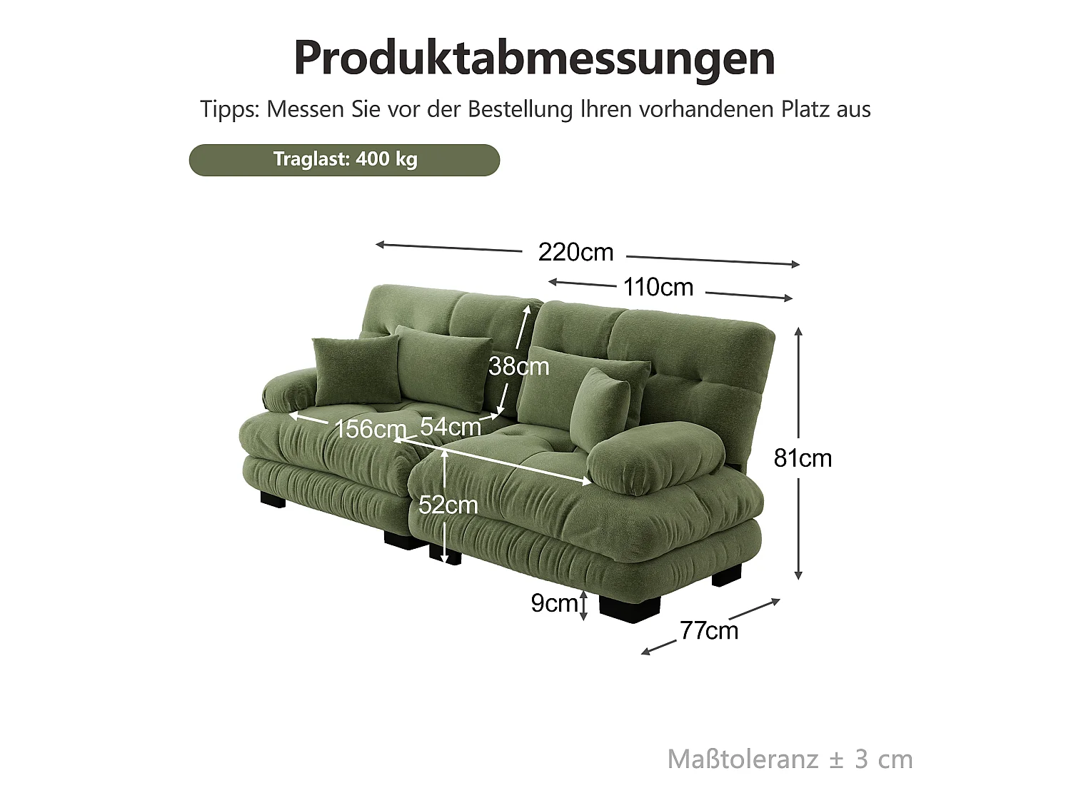 Canapé relaxation cloud vert, tissu chenille, 4 coussins inclus, assise moelleuse, salon
