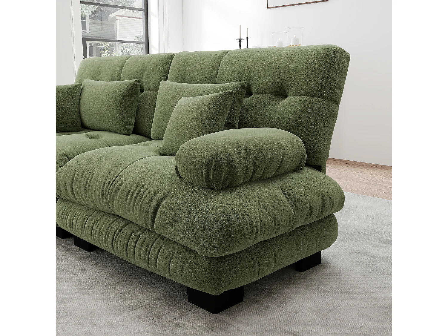 Canapé relaxation cloud vert, tissu chenille, 4 coussins inclus, assise moelleuse, salon