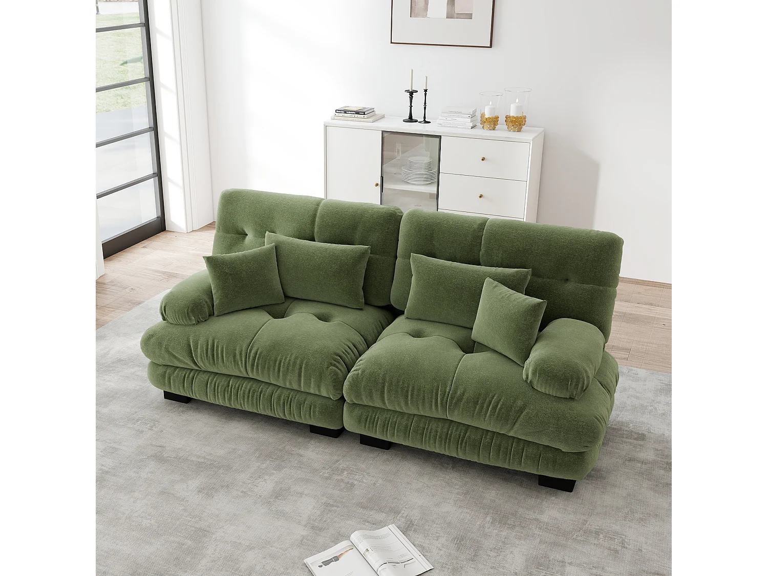 Canapé relaxation cloud vert, tissu chenille, 4 coussins inclus, assise moelleuse, salon