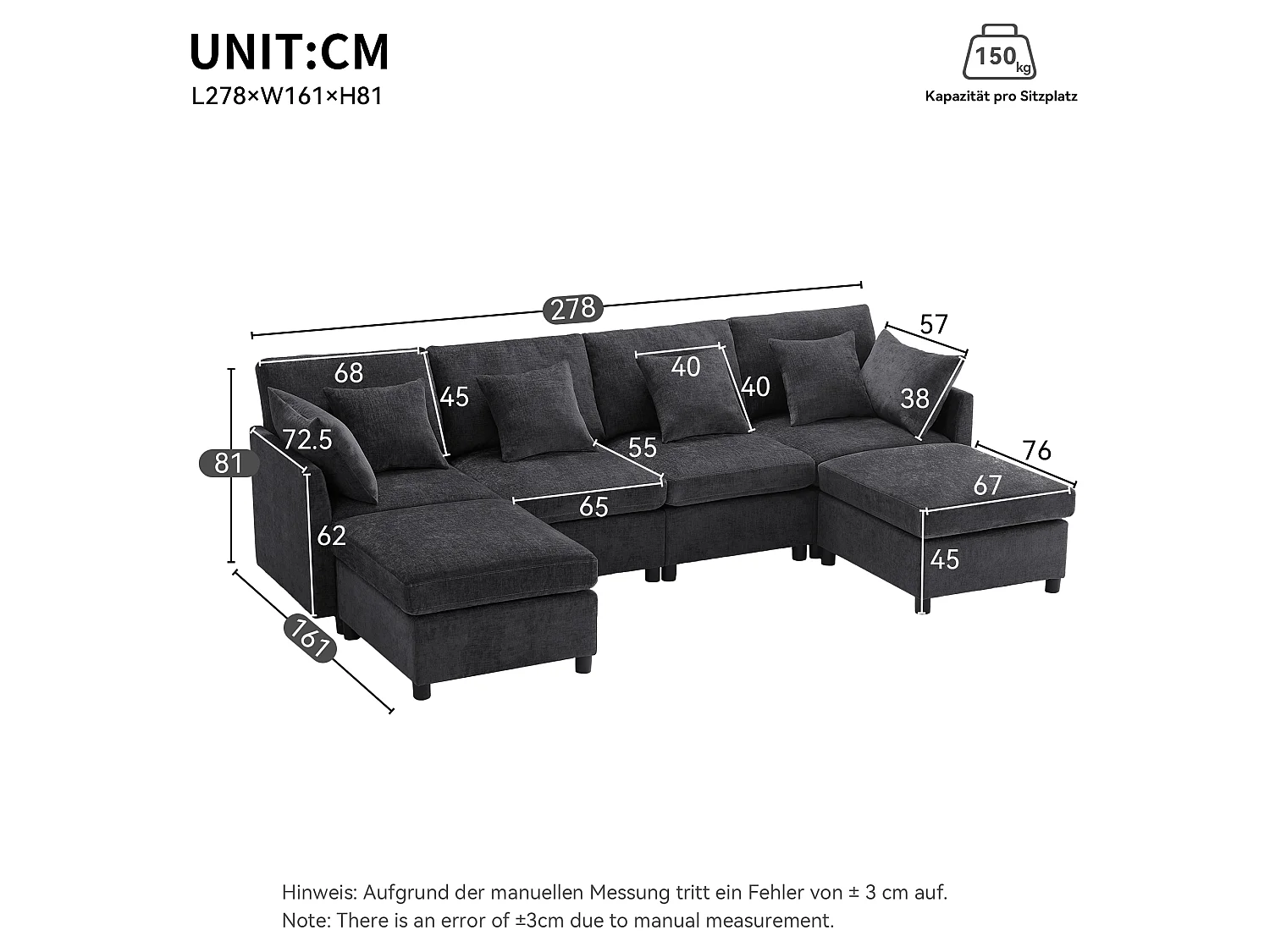 Canapé modulable U/L en chenille, avec 2 poufs et 6 coussins, ensemble salon moderne