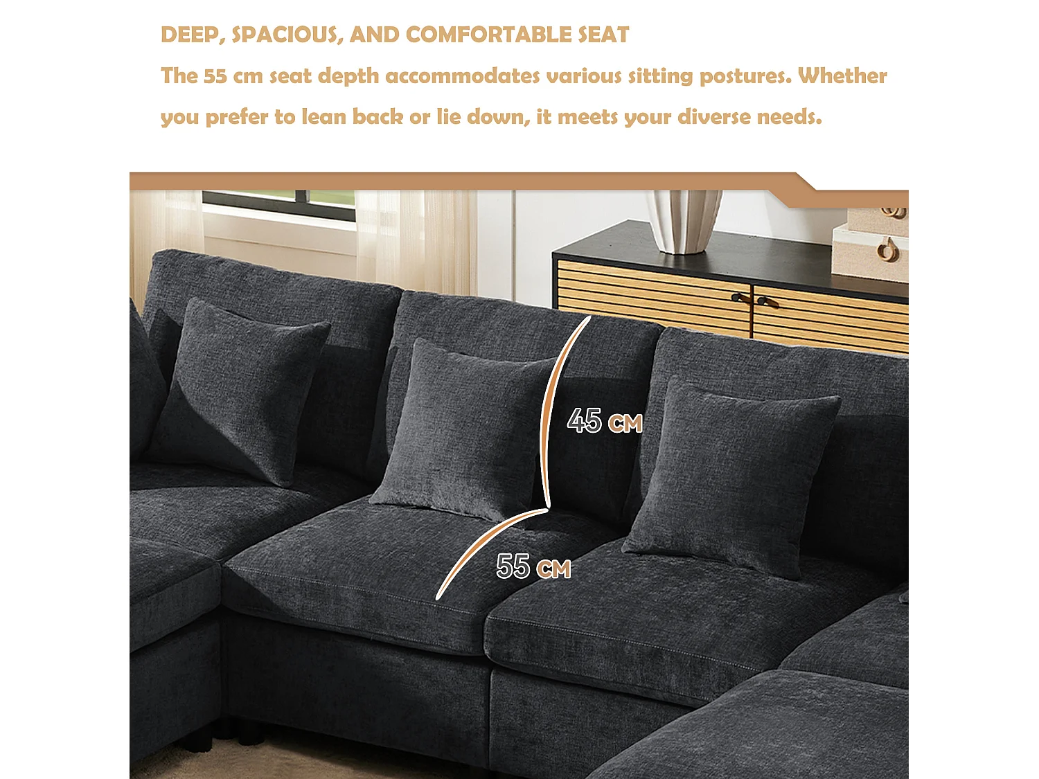 Canapé modulable U/L en chenille, avec 2 poufs et 6 coussins, ensemble salon moderne