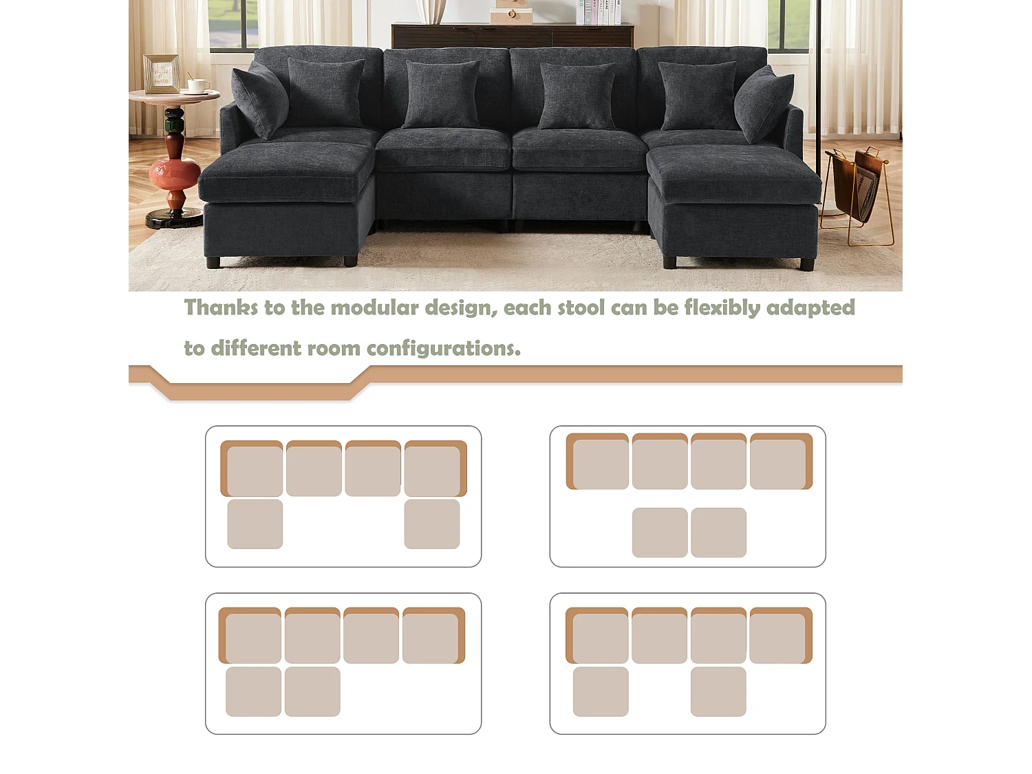 Canapé modulable U/L en chenille, avec 2 poufs et 6 coussins, ensemble salon moderne
