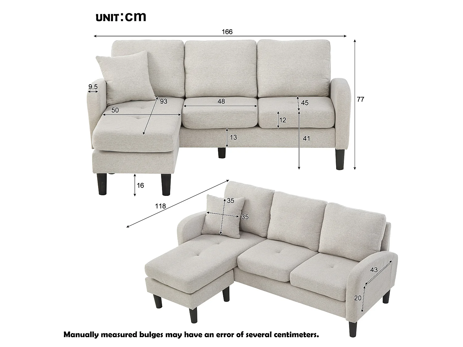 Canapé d'angle L 3 places, tissu coton et lin, méridienne, design scandinave, salon