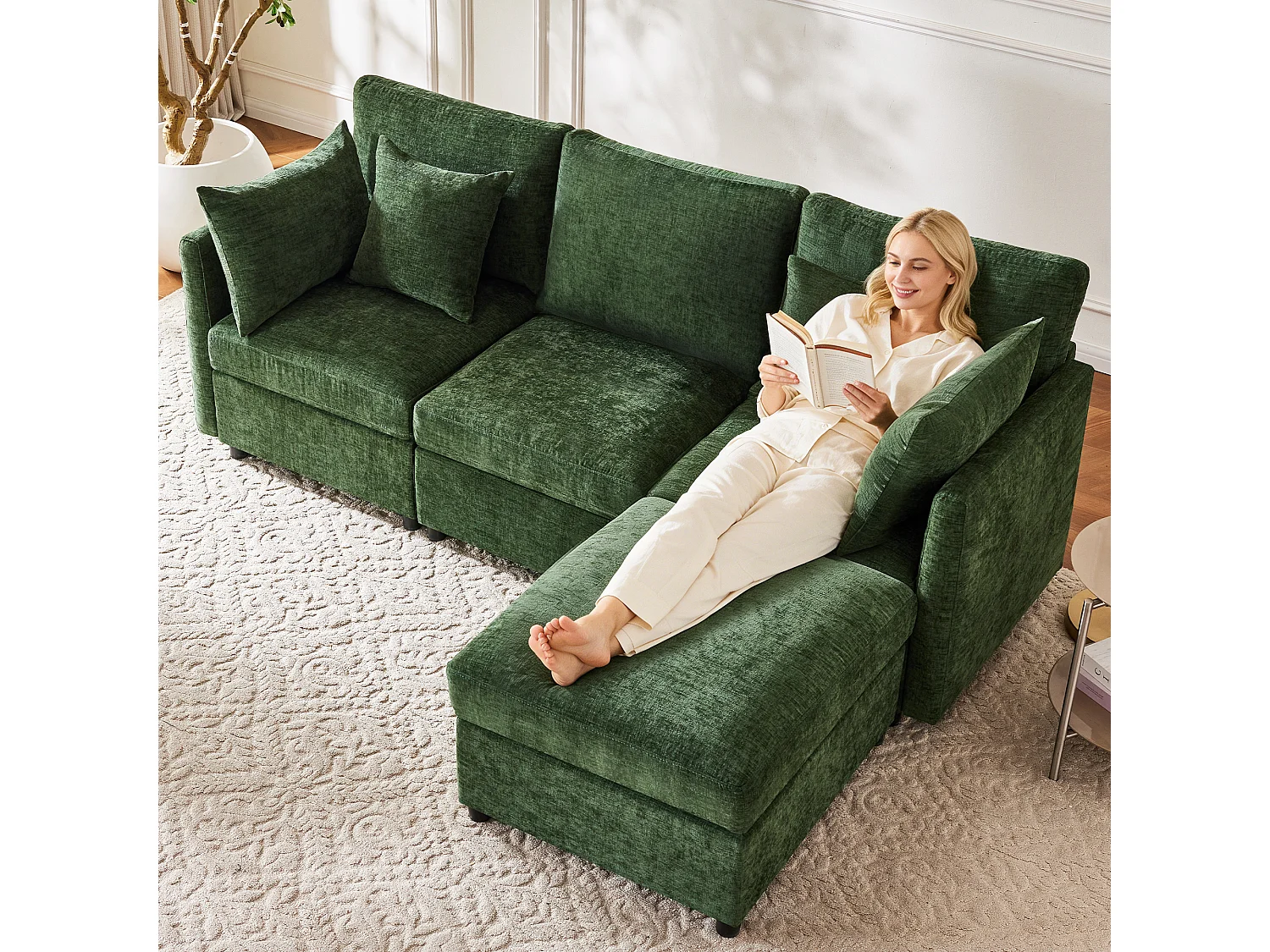 Canapé modulable L vert, pouf amovible, 4 coussins, tissu chenille, salon