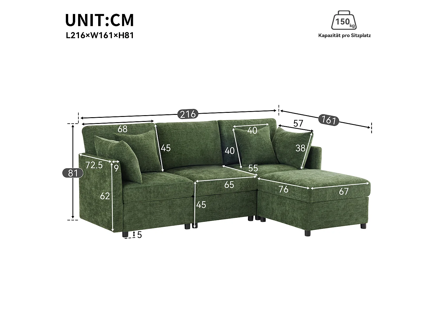 Canapé modulable L vert, pouf amovible, 4 coussins, tissu chenille, salon