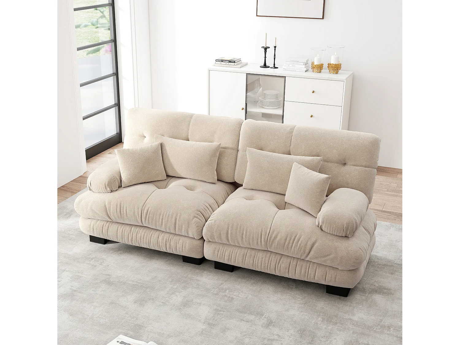 Canapé d'angle cloud marron clair, tissu chenille, 2 coussins inclus, assise moelleuse, salon