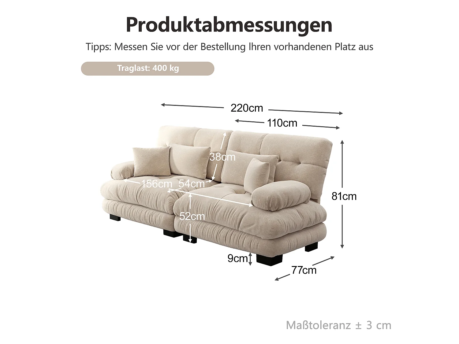 Canapé d'angle cloud marron clair, tissu chenille, 2 coussins inclus, assise moelleuse, salon