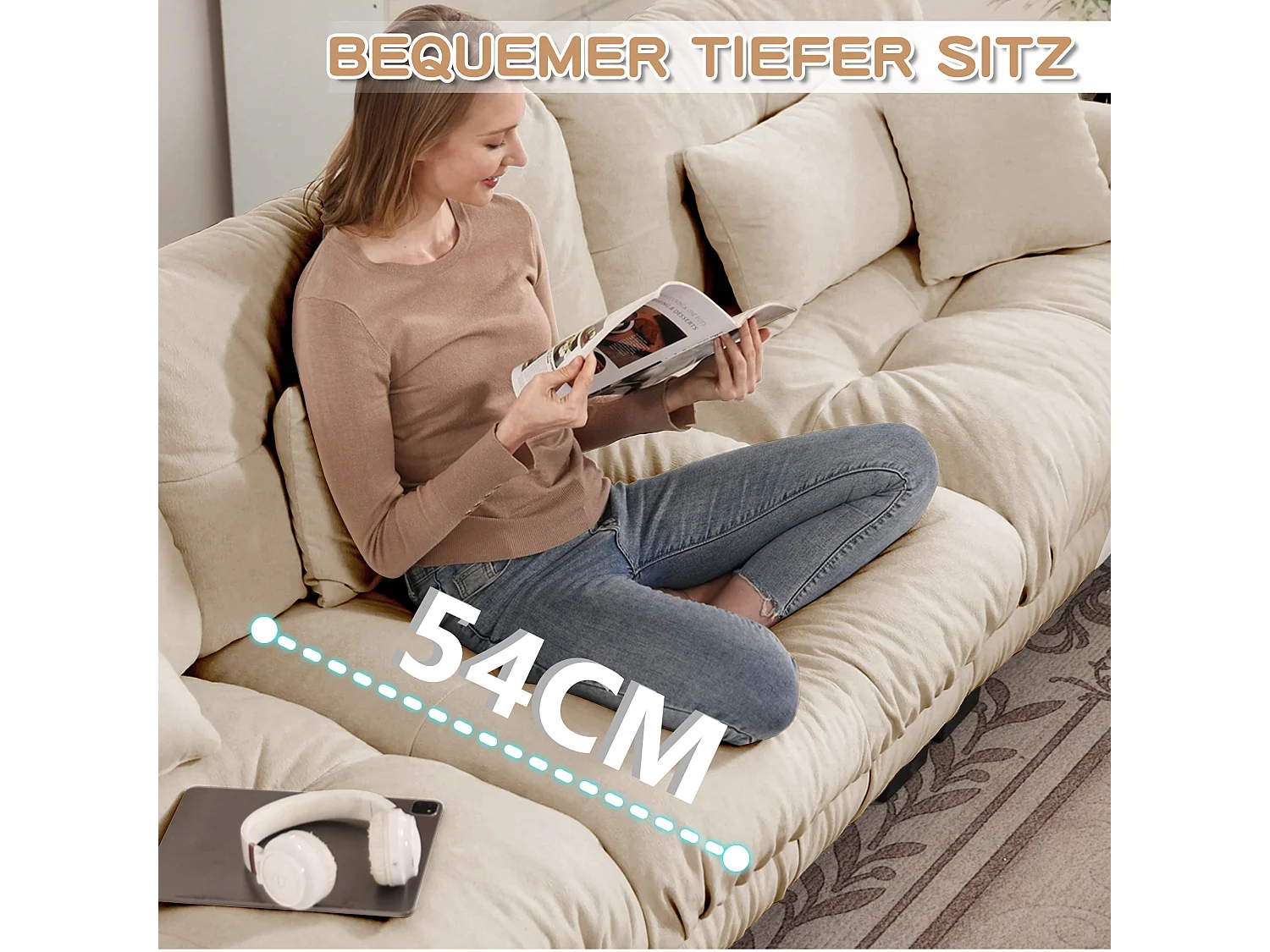 Canapé d'angle cloud marron clair, tissu chenille, 2 coussins inclus, assise moelleuse, salon
