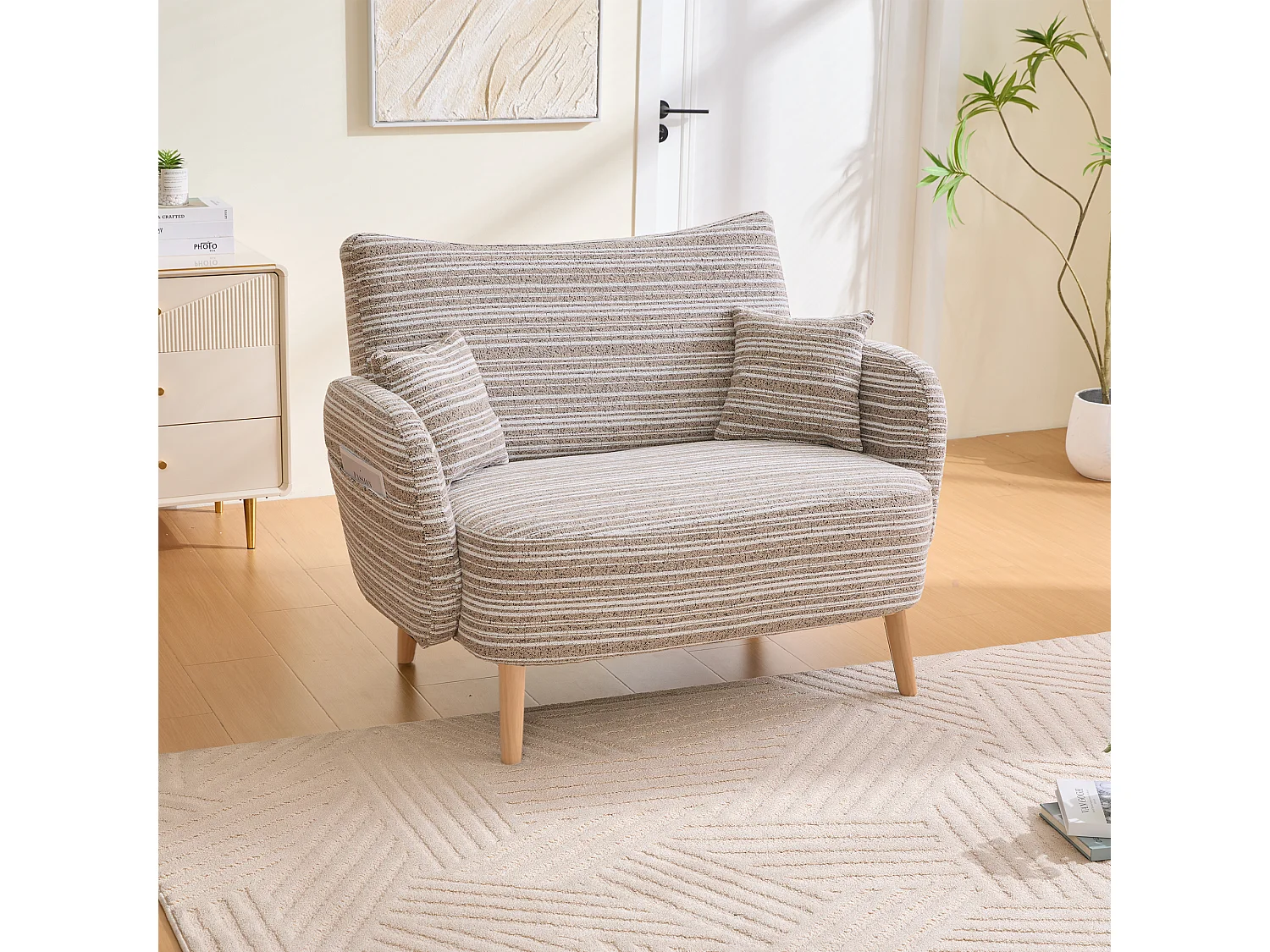 Canapé 2 places bouclé kaki, assise profonde, accoudoirs rembourrés, sac de rangement, petit espace