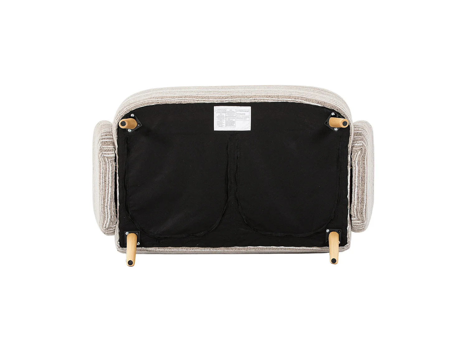 Canapé 2 places bouclé kaki, assise profonde, accoudoirs rembourrés, sac de rangement, petit espace